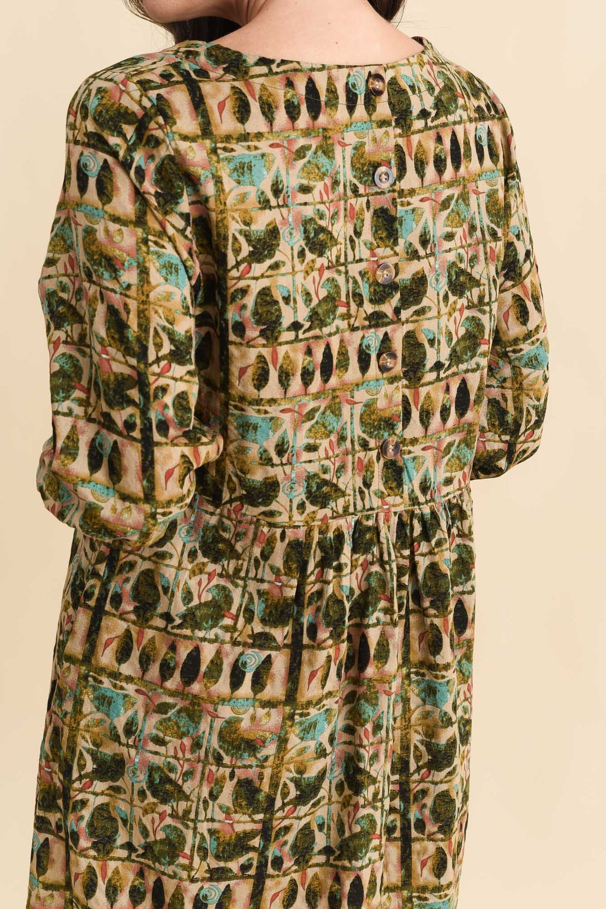 Nicolette Green Motif Cotton Blend Sleeved Dress Detail View