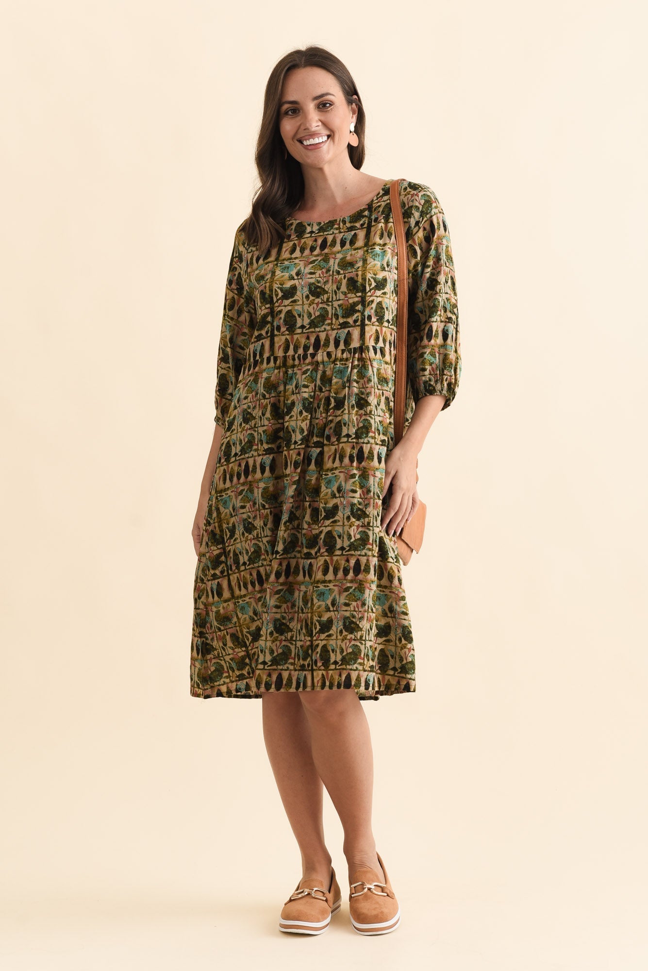 Nicolette Green Motif Cotton Blend Sleeved Dress Front View 2