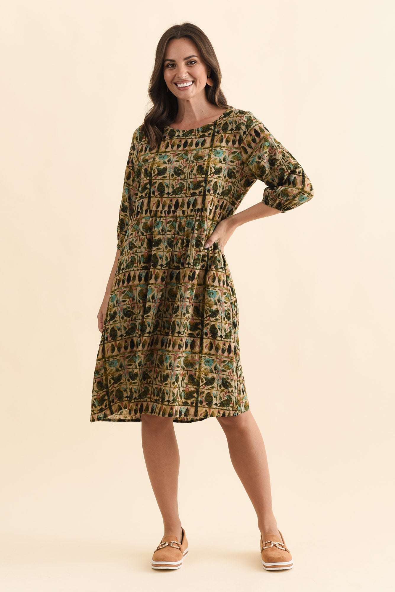 Nicolette Green Motif Cotton Blend Sleeved Dress Front View