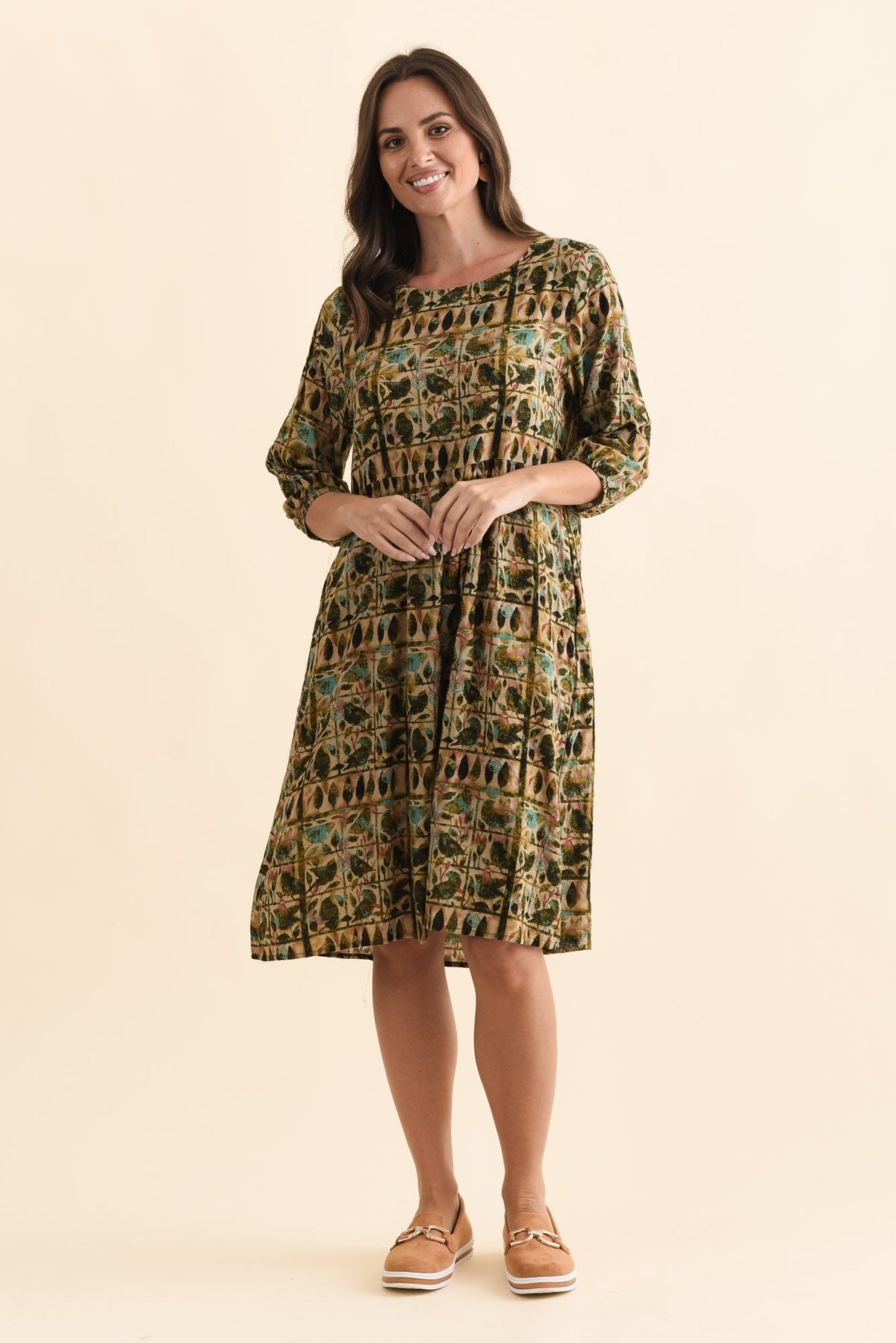 Nicolette Green Motif Cotton Blend Sleeved Dress Full Length View