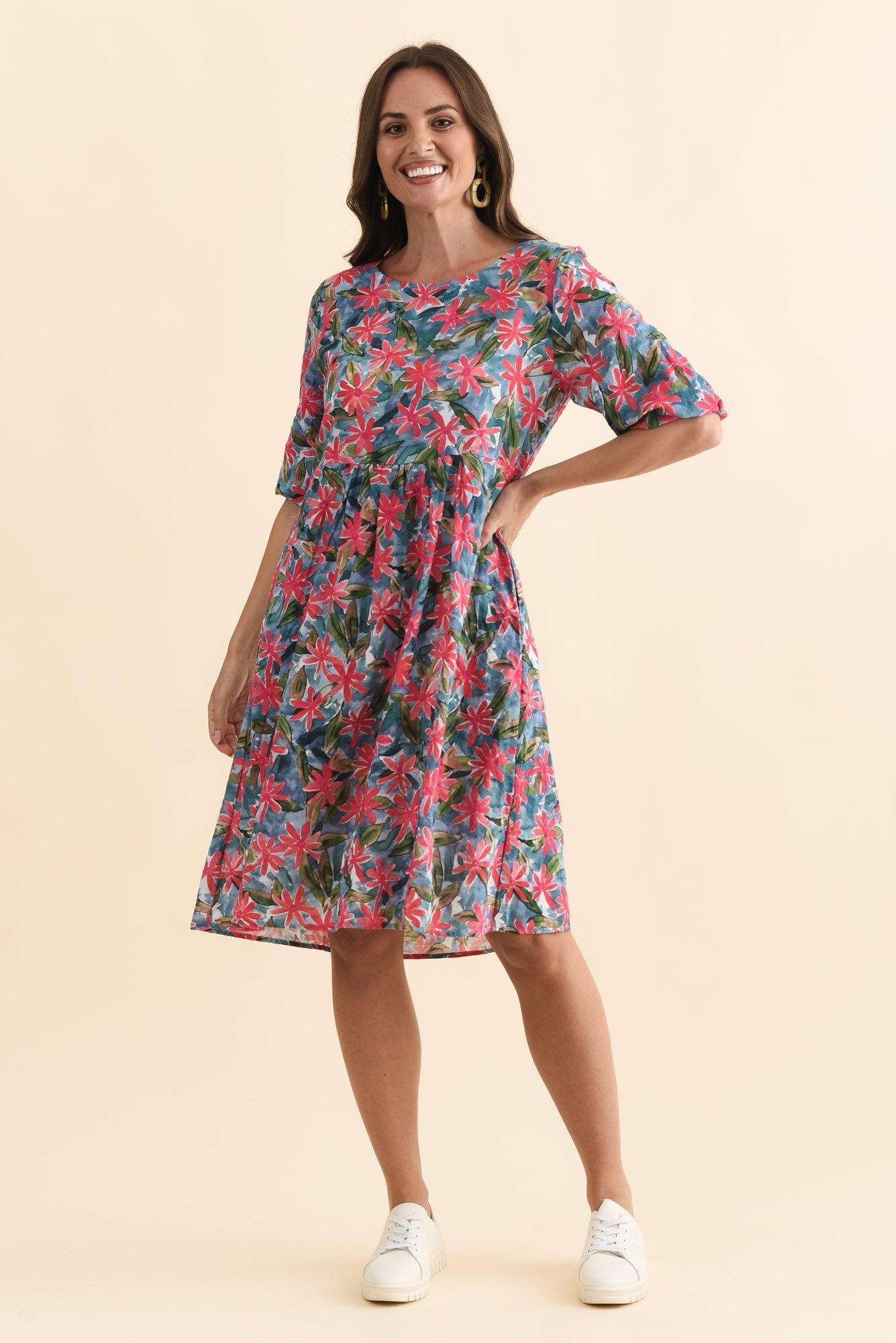 Nicolette Pink Flower Cotton Blend Sleeved Dress Front View