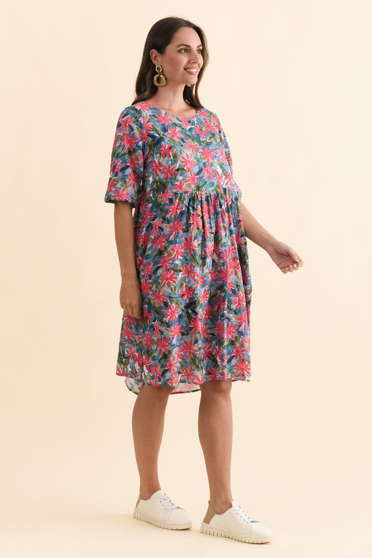 Nicolette Pink Flower Cotton Blend Sleeved Dress Back View