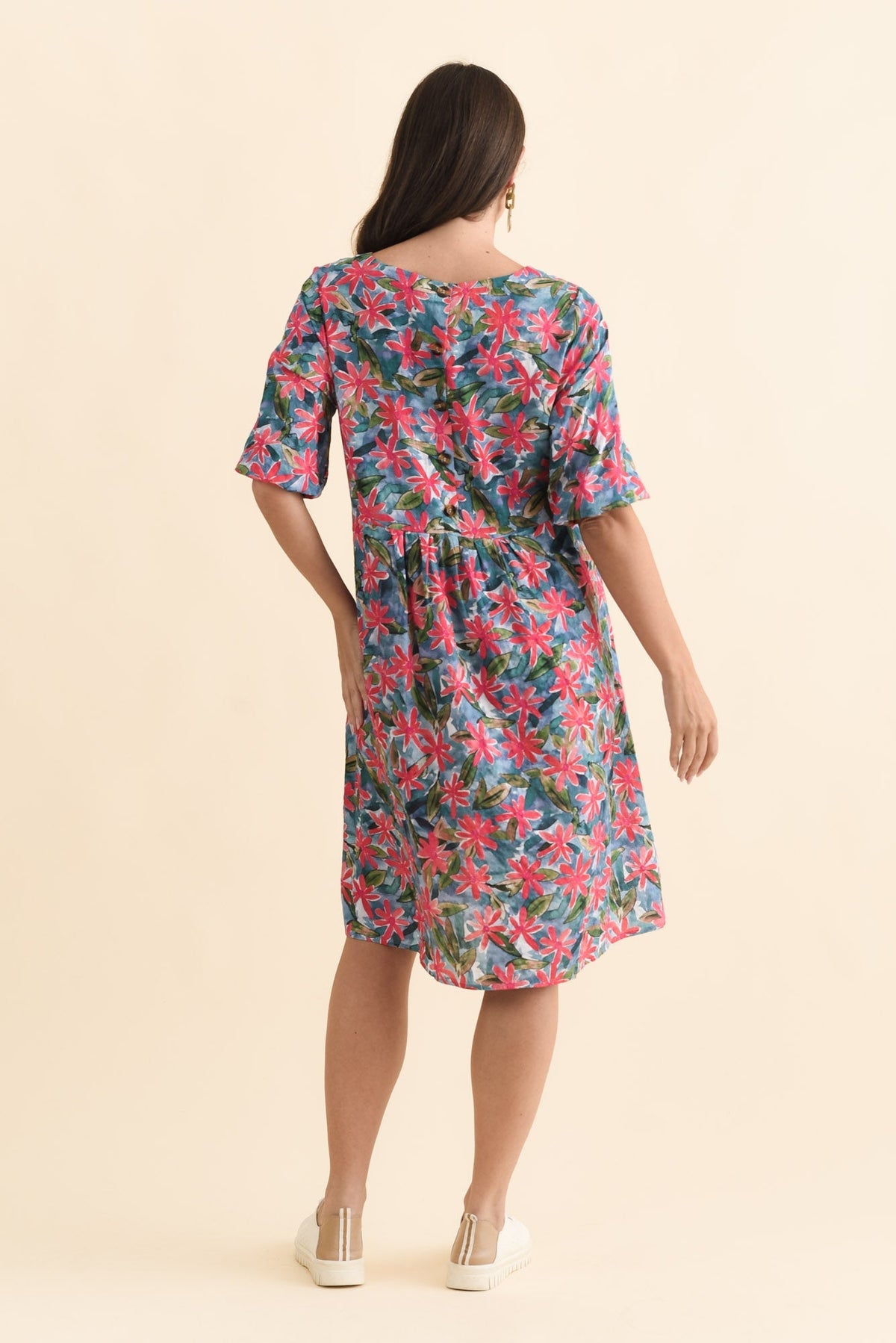 Nicolette Pink Flower Cotton Blend Sleeved Dress Side View