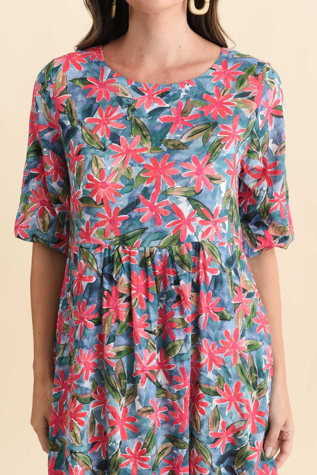 Nicolette Pink Flower Cotton Blend Sleeved Dress Detail View