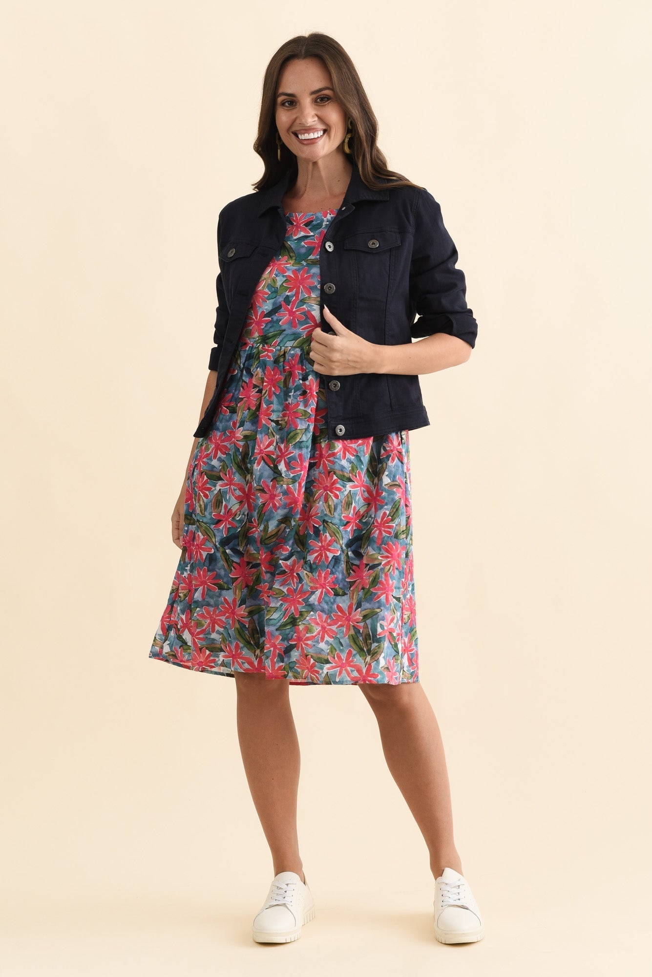 Nicolette Pink Flower Cotton Blend Sleeved Dress Front View 2