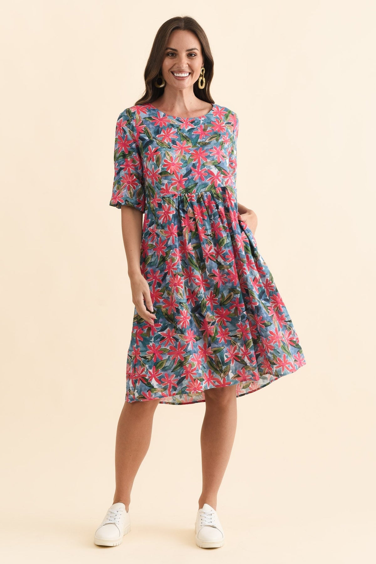 Nicolette Pink Flower Cotton Blend Sleeved Dress Full Length View