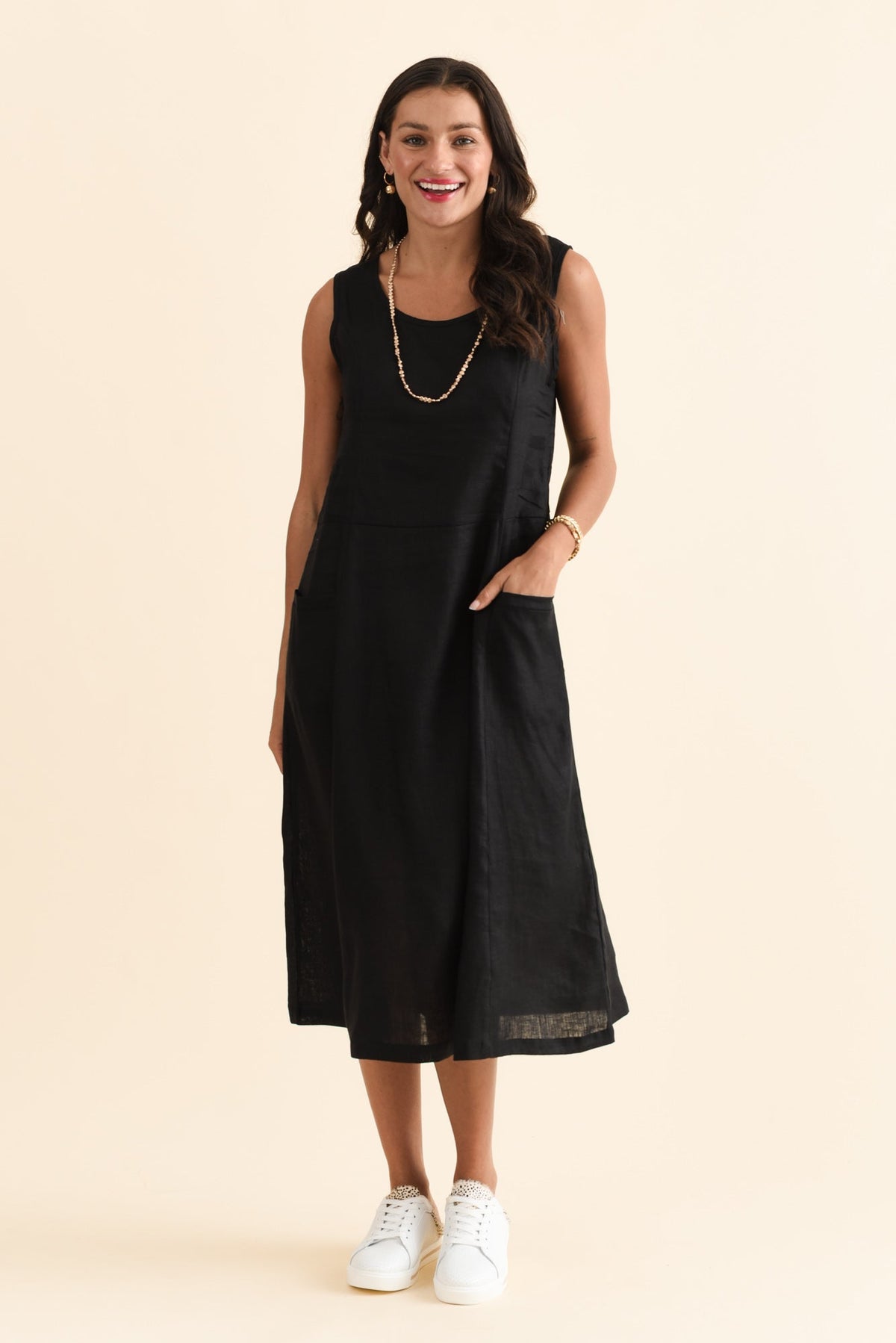 Noah Black Linen Pocket Dress Front View 2