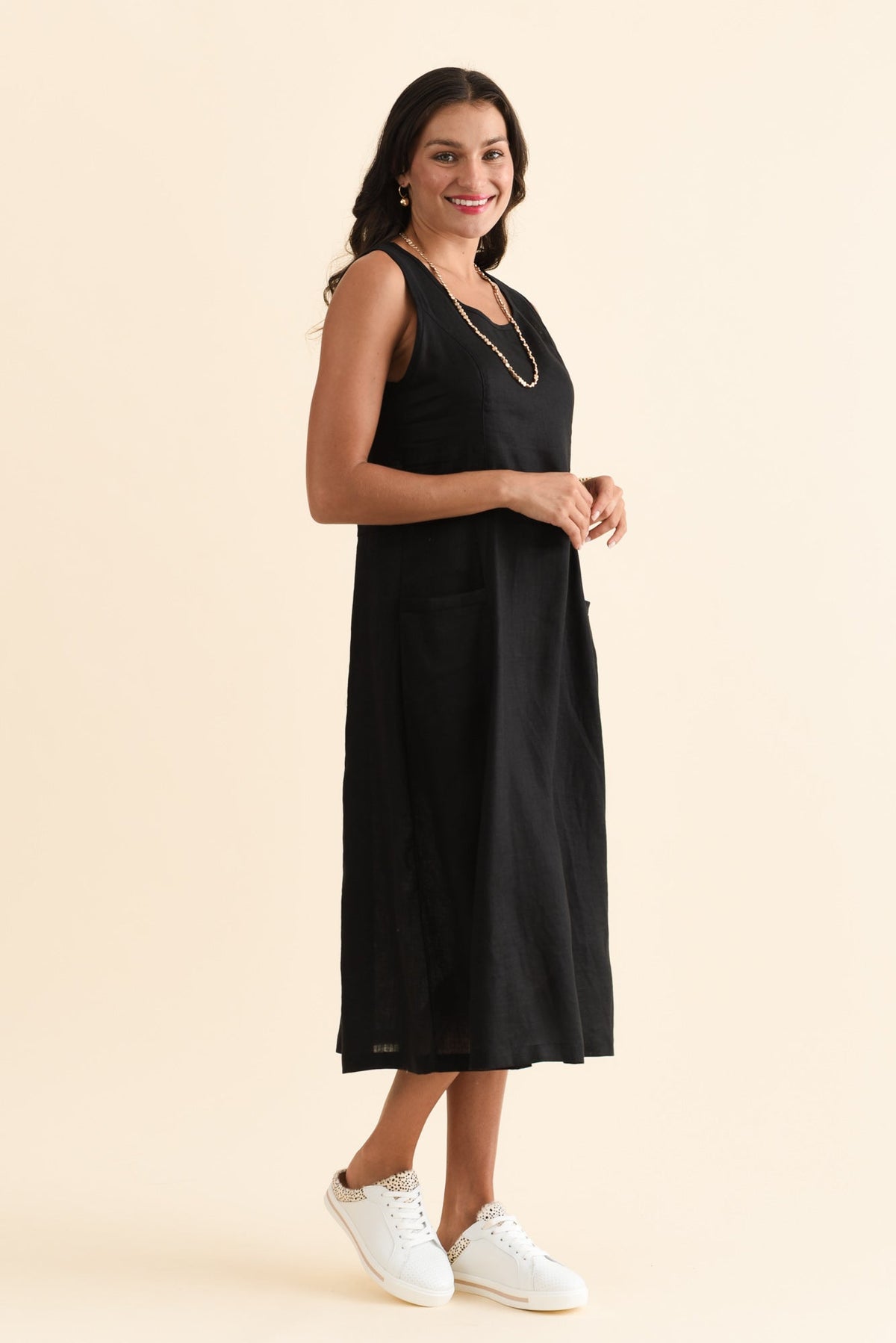 Noah Black Linen Pocket Dress Back View
