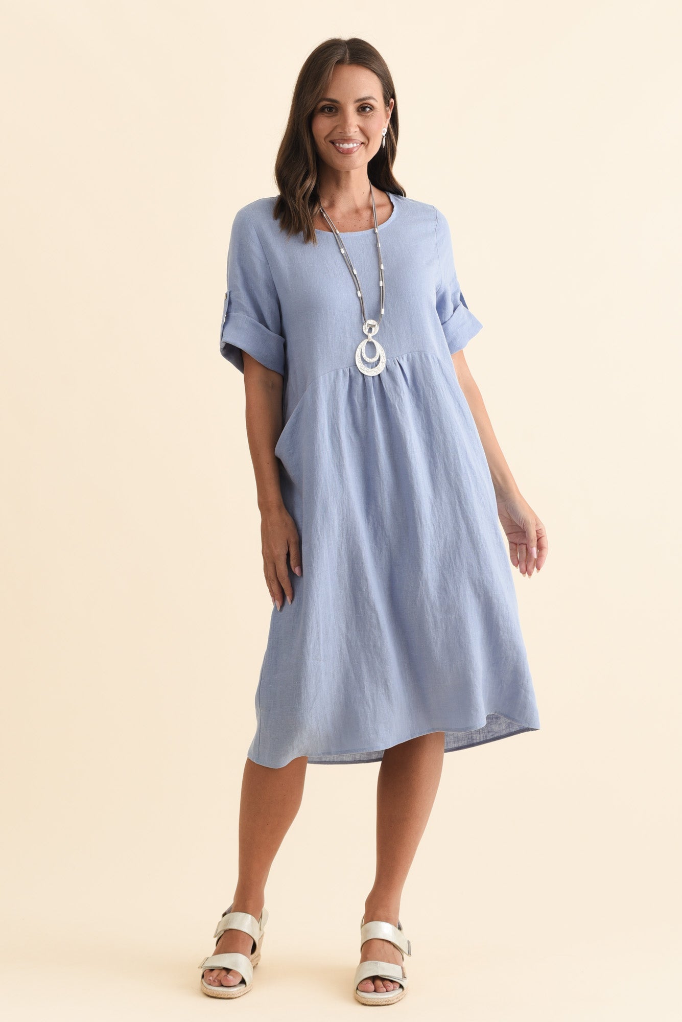 Nolita Blue Linen Pocket Dress Front View 2