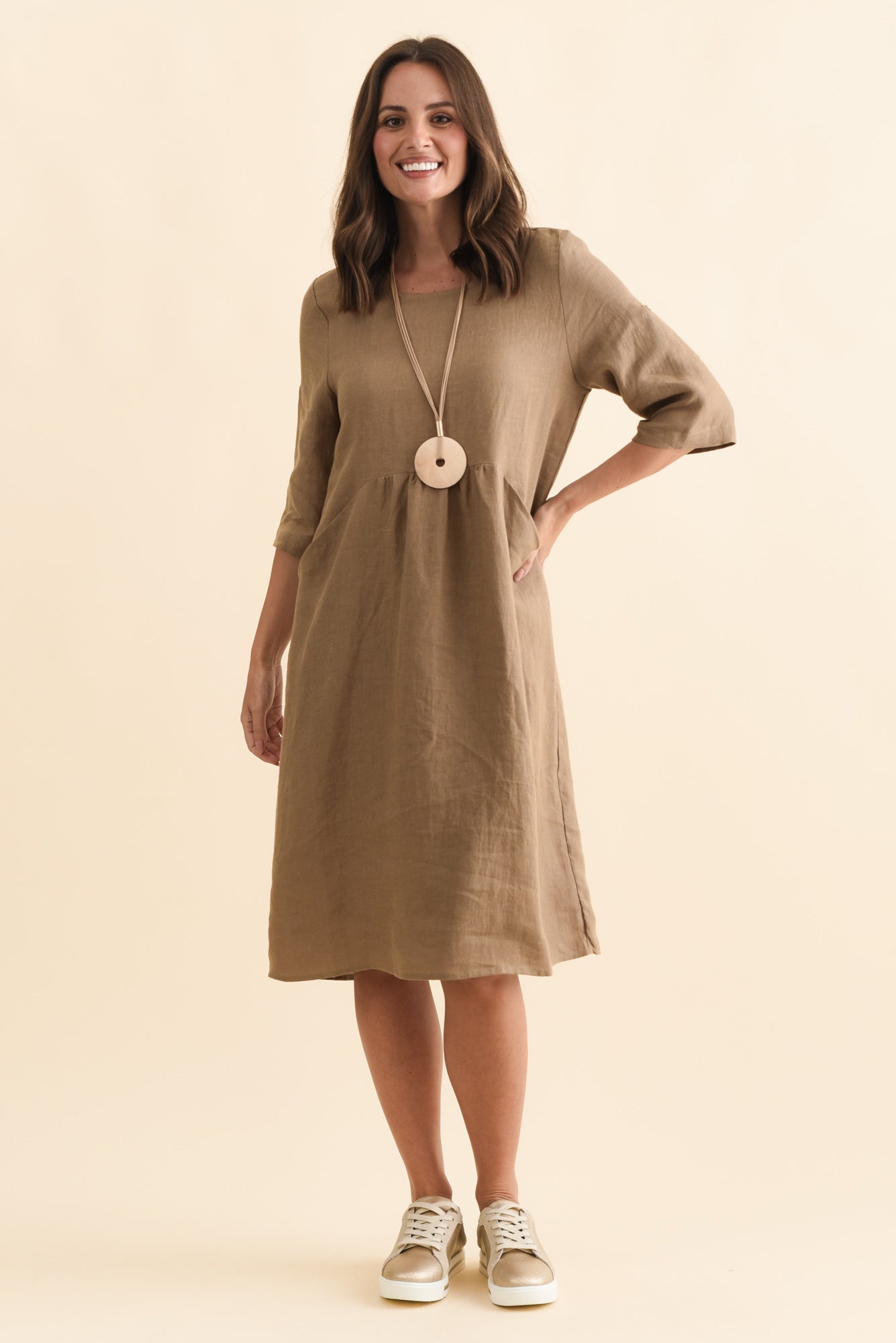 Nolita Chocolate Linen Pocket Dress Front View 2