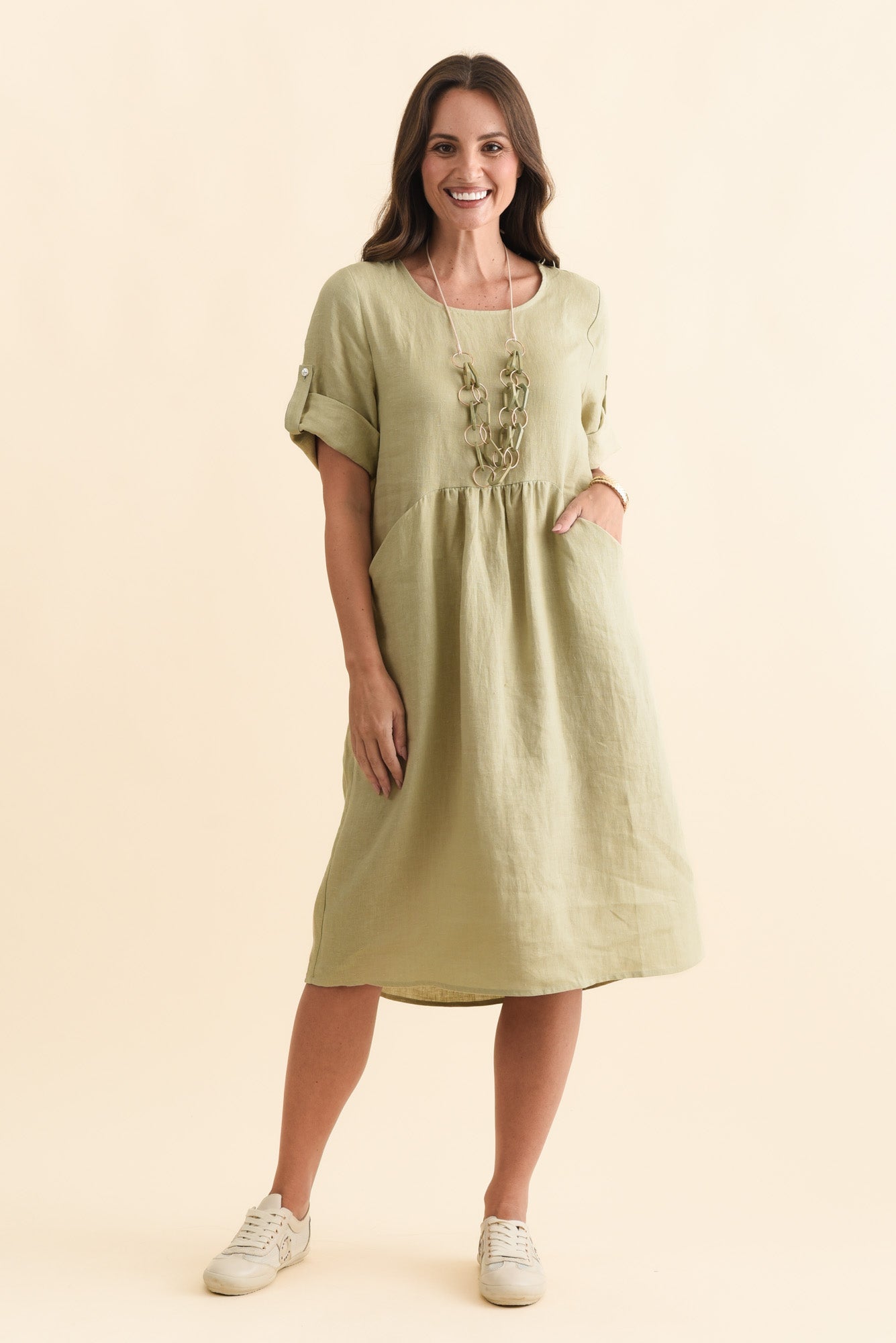 Nolita Sage Linen Pocket Dress Front View 2