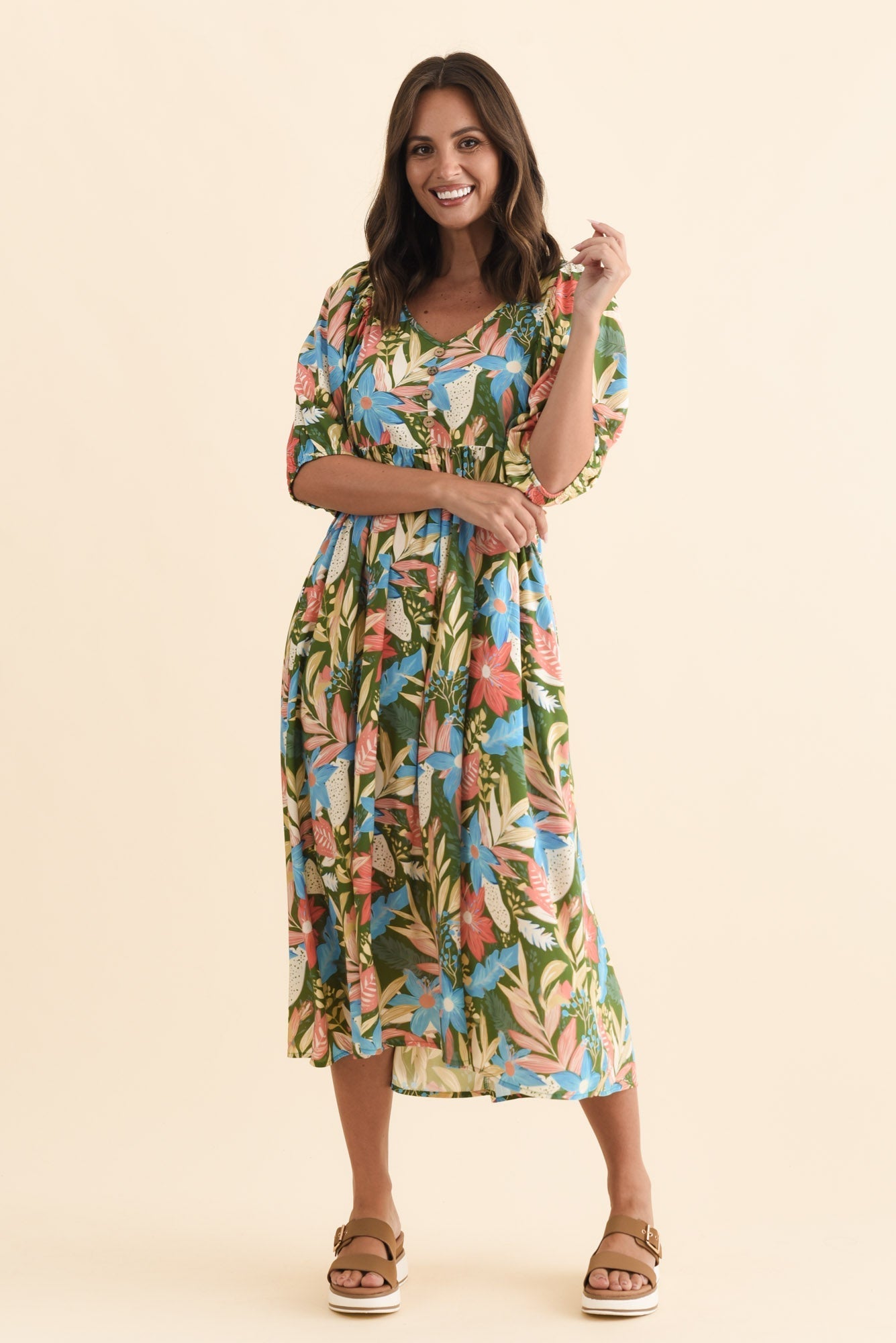 Nolte Green Botanical Pocket Dress Front View