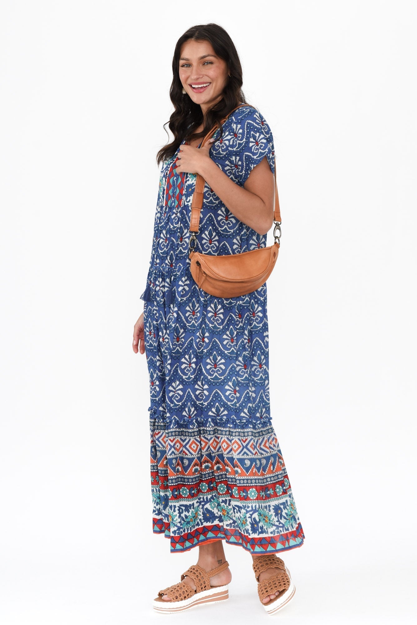 Nona Cobalt Mosaic Crinkle Cotton Maxi Dress Front View