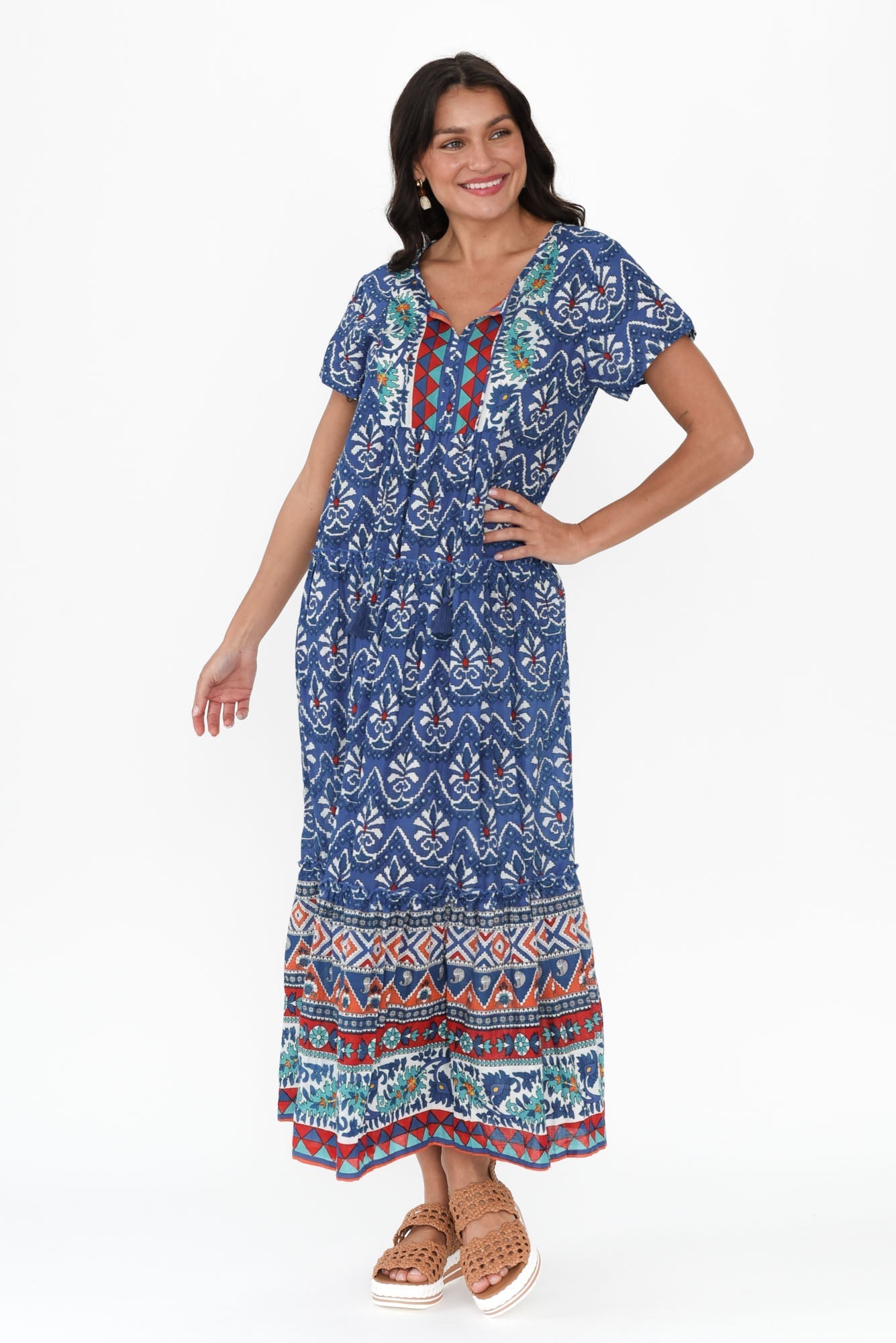 Nona Cobalt Mosaic Crinkle Cotton Maxi Dress Front View 2