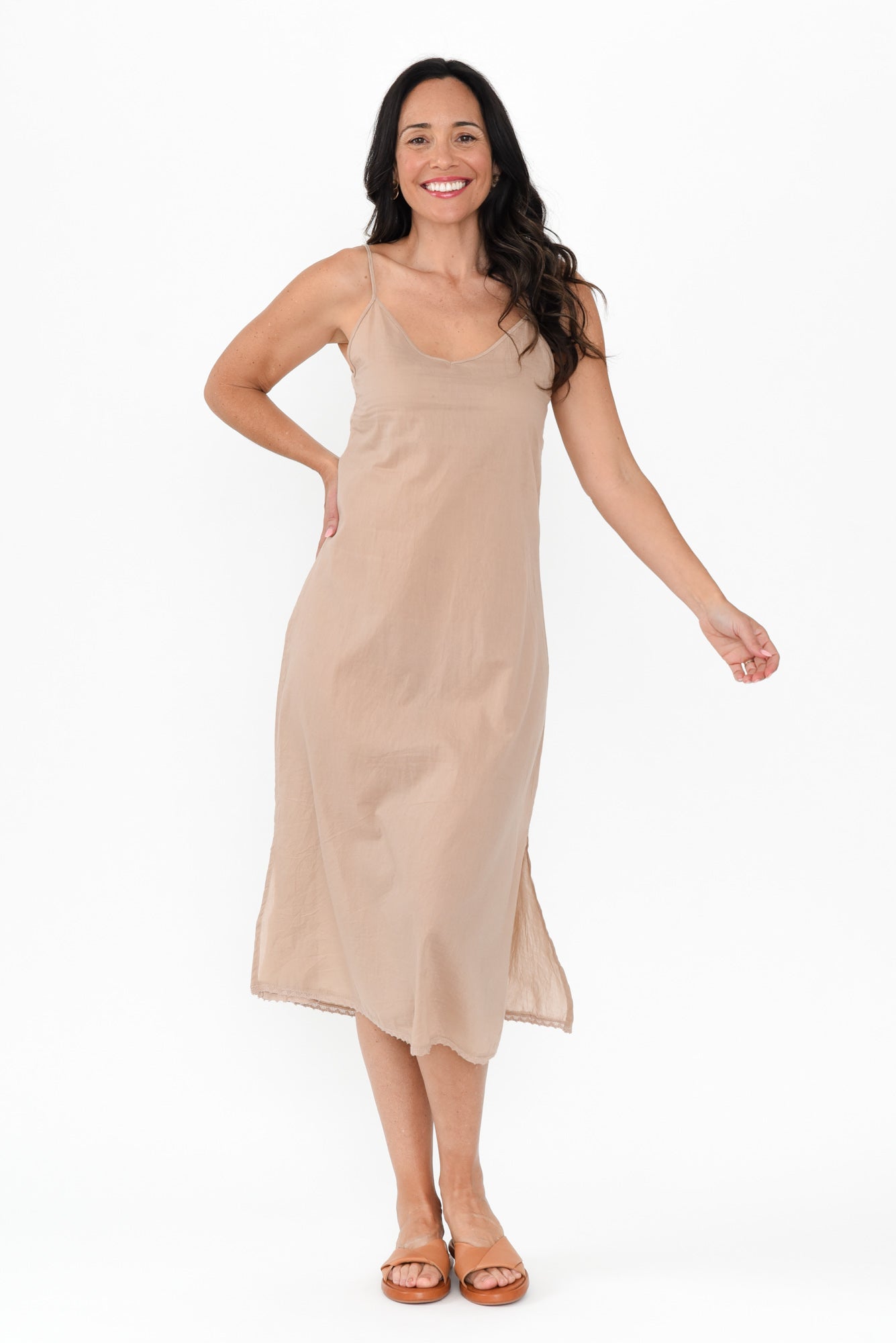 Nude Cotton Maxi Slip Dress Front View