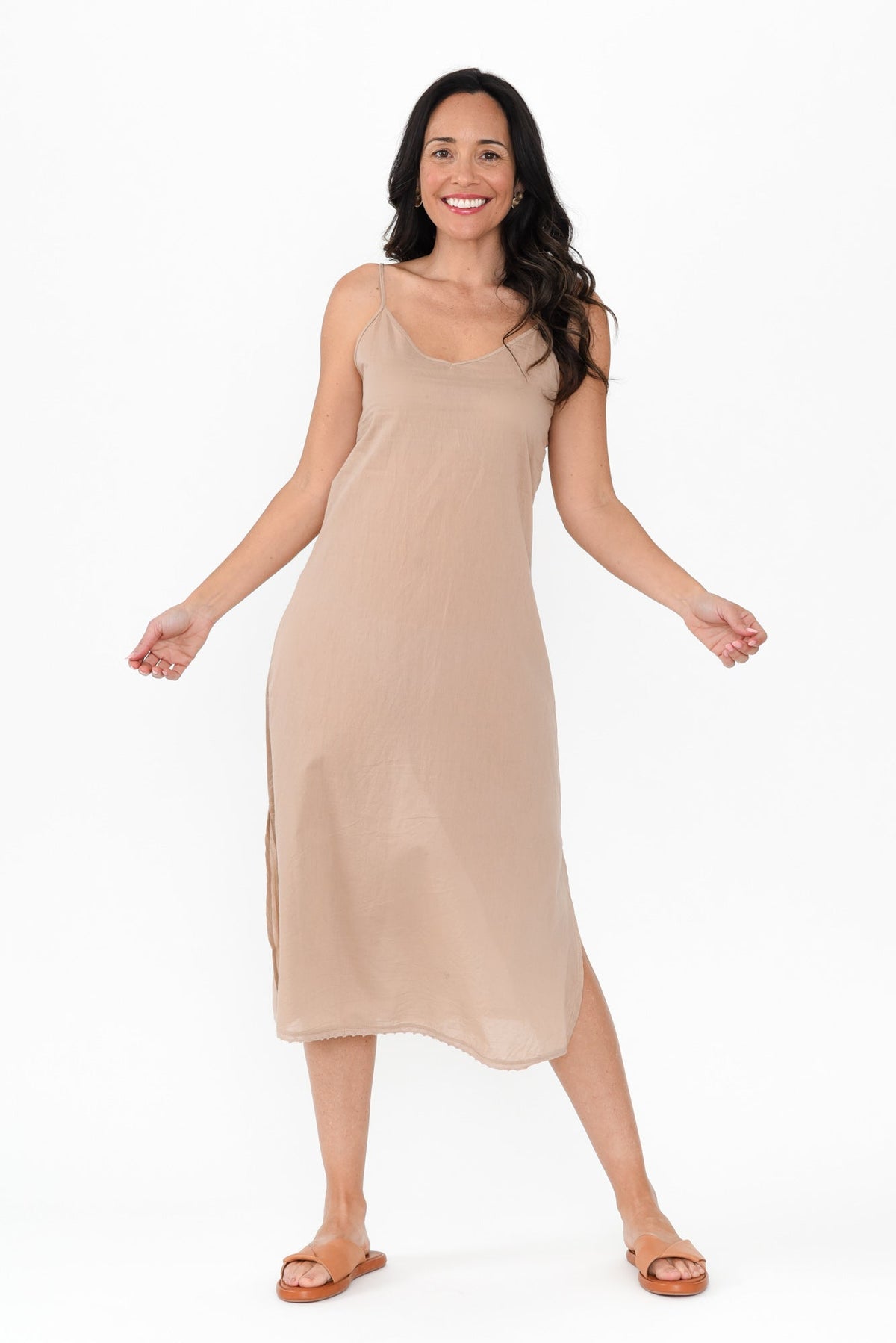 Nude Cotton Maxi Slip Dress Full Length View