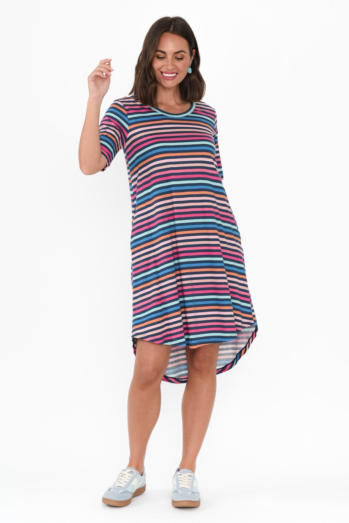 Nyree Blue Stripe Hi Lo Cotton Dress Front View 2