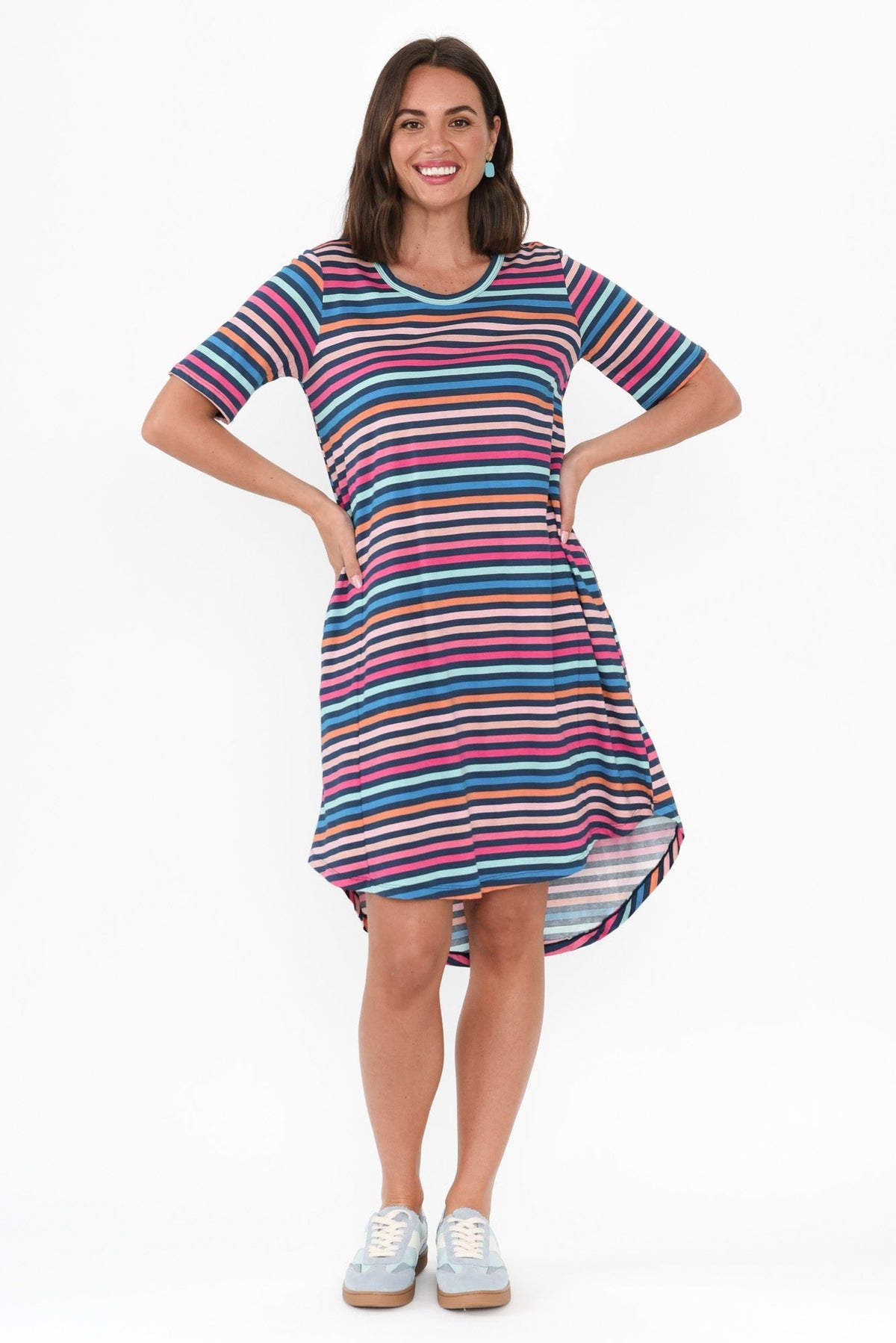 Nyree Blue Stripe Hi Lo Cotton Dress Full Length View