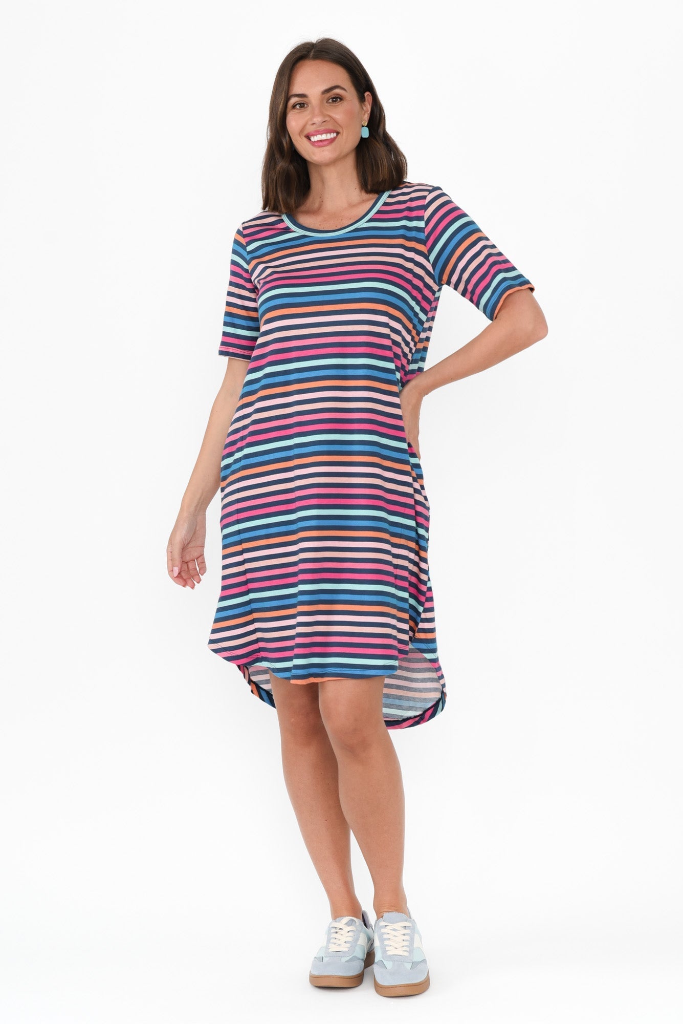Nyree Blue Stripe Hi Lo Cotton Dress Front View
