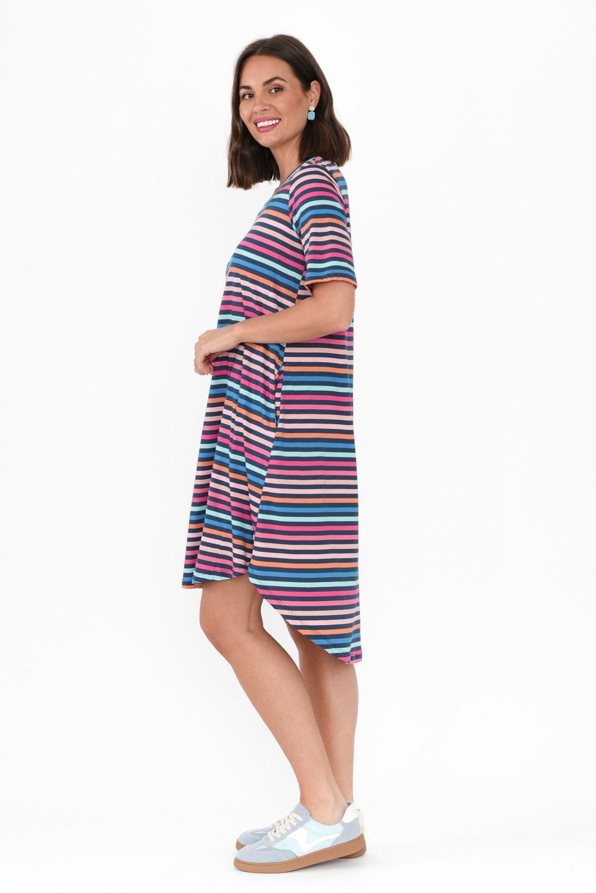 Nyree Blue Stripe Hi Lo Cotton Dress Back View