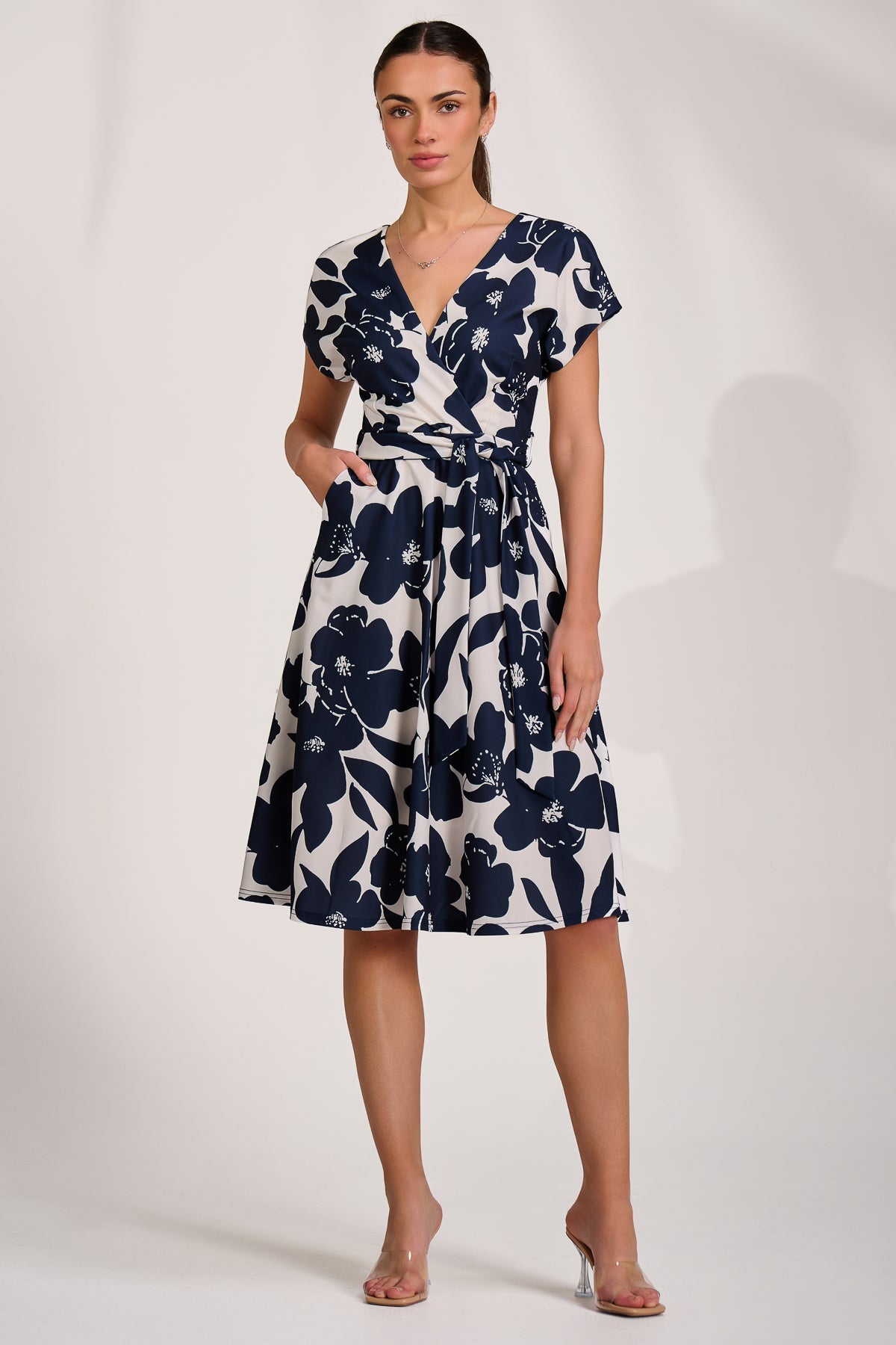 V Neck Print Scuba Midi Dress cream floral Front View