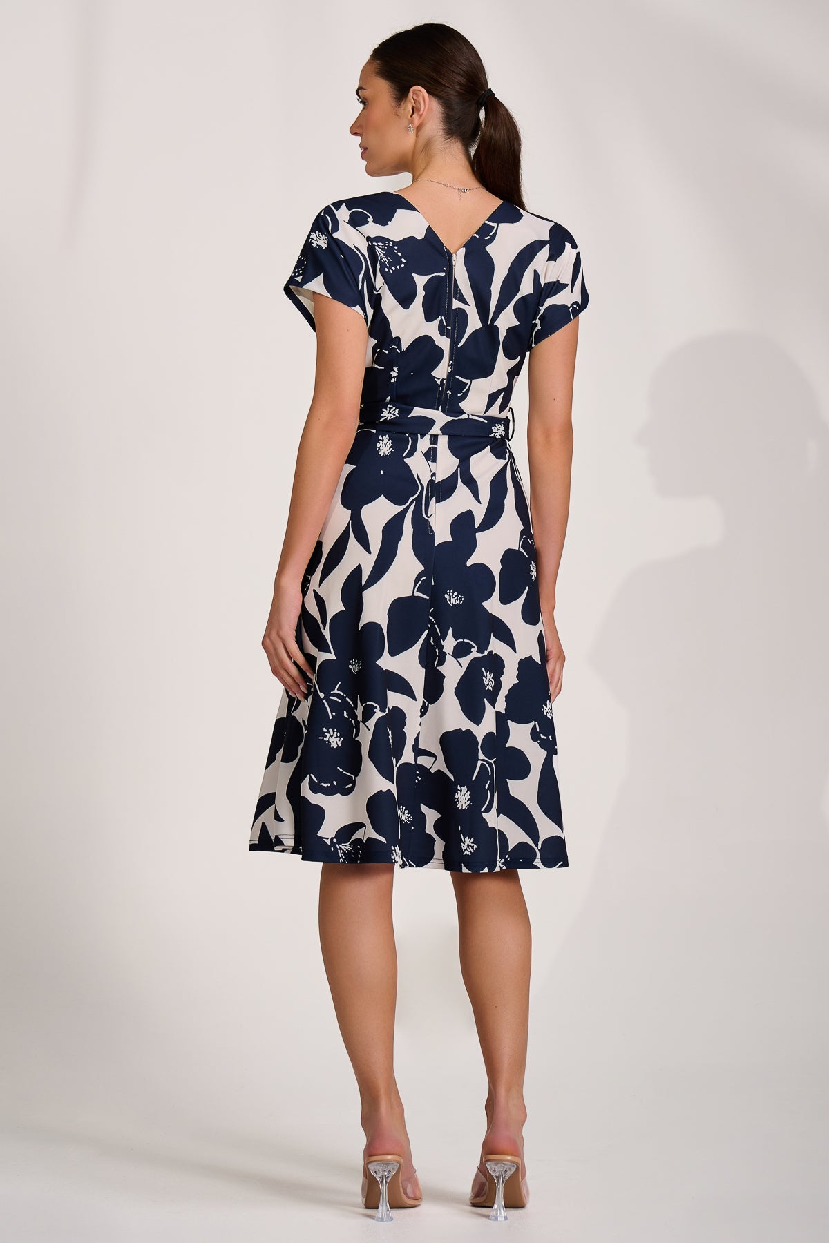 V Neck Print Scuba Midi Dress cream floral Back View