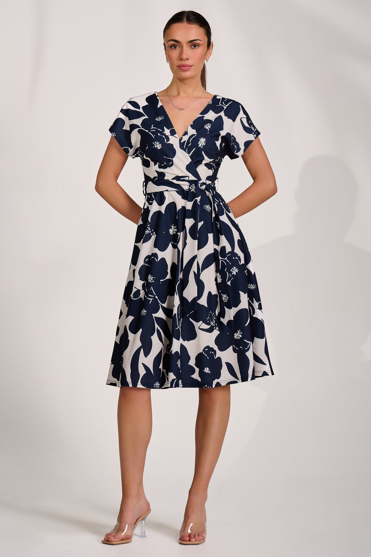 V Neck Print Scuba Midi Dress cream floral Full Length View