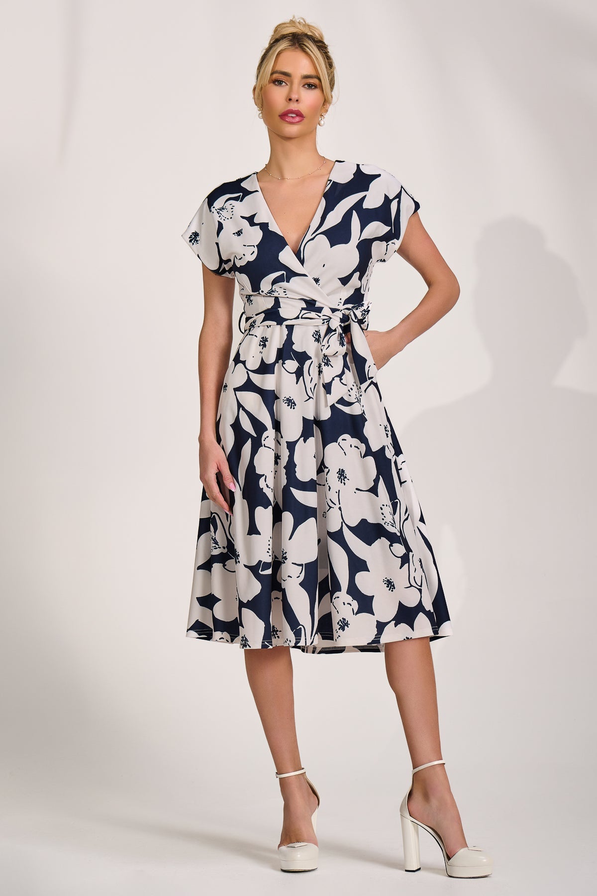 V Neck Print Scuba Midi Dress Styled View