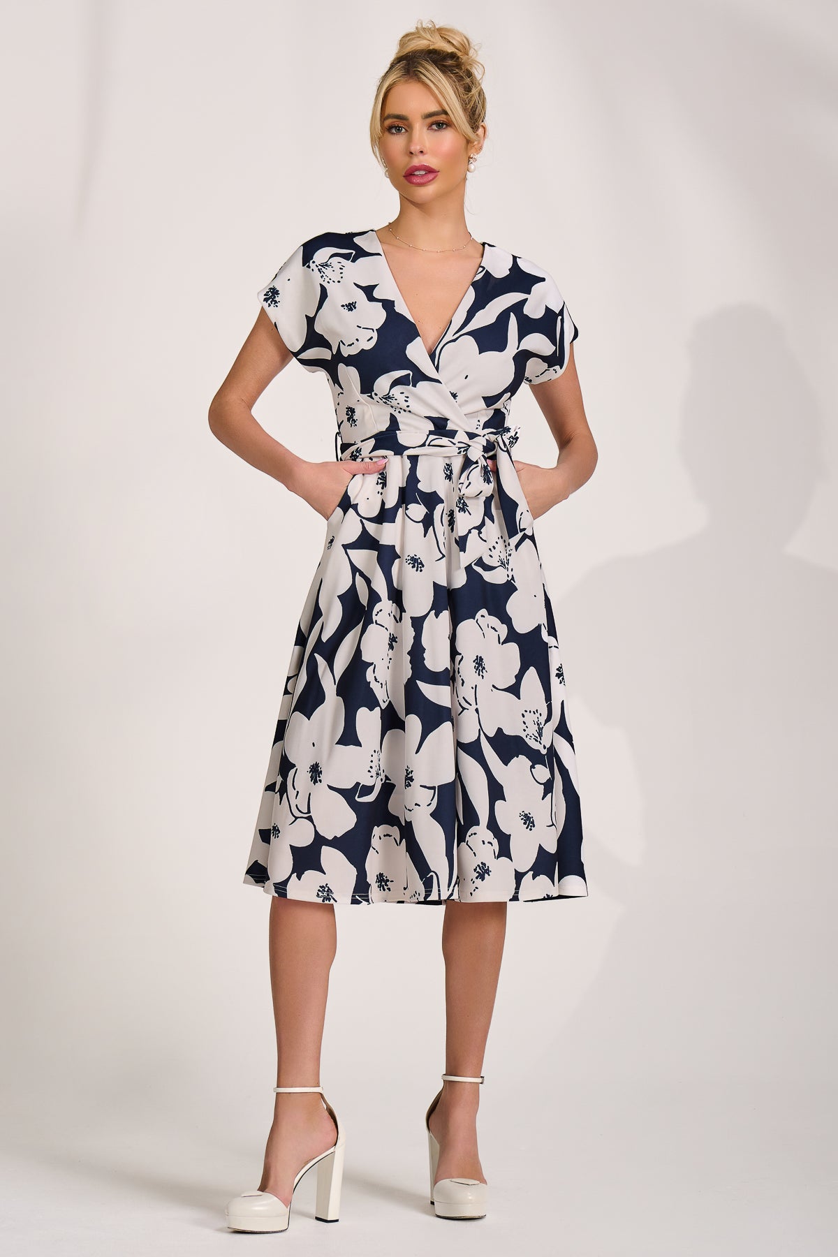 V Neck Print Scuba Midi Dress Front View