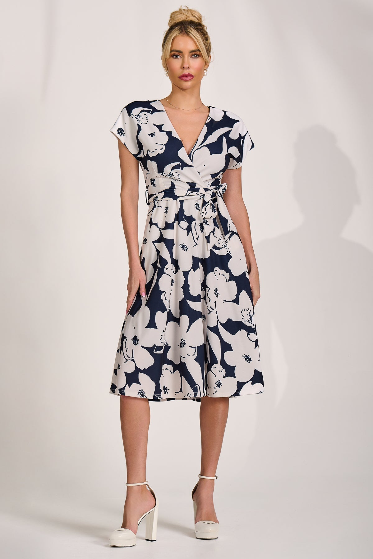 V Neck Print Scuba Midi Dress Back View