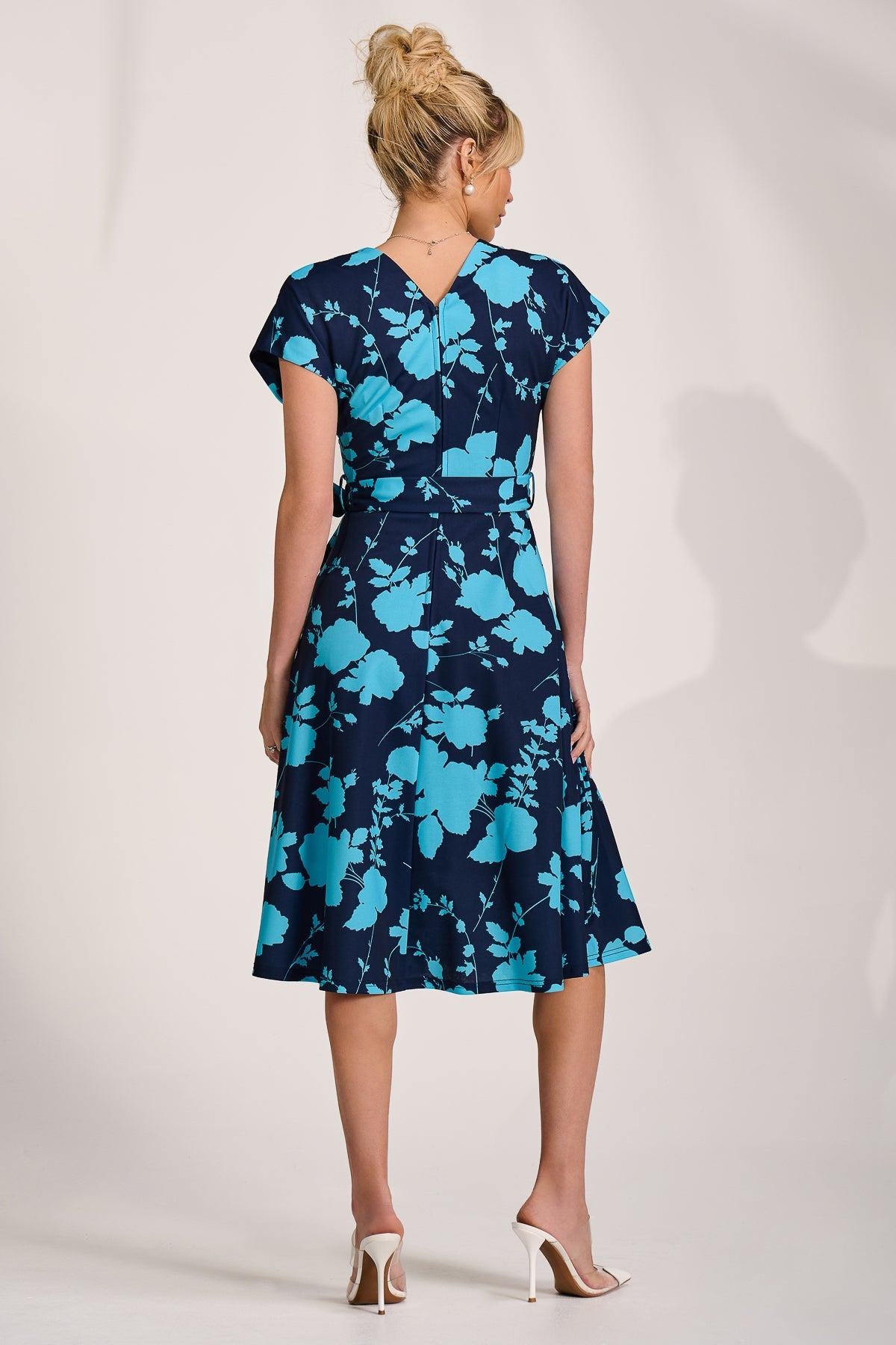 V Neck Print Scuba Midi Dress BLUE FLORAL Back View