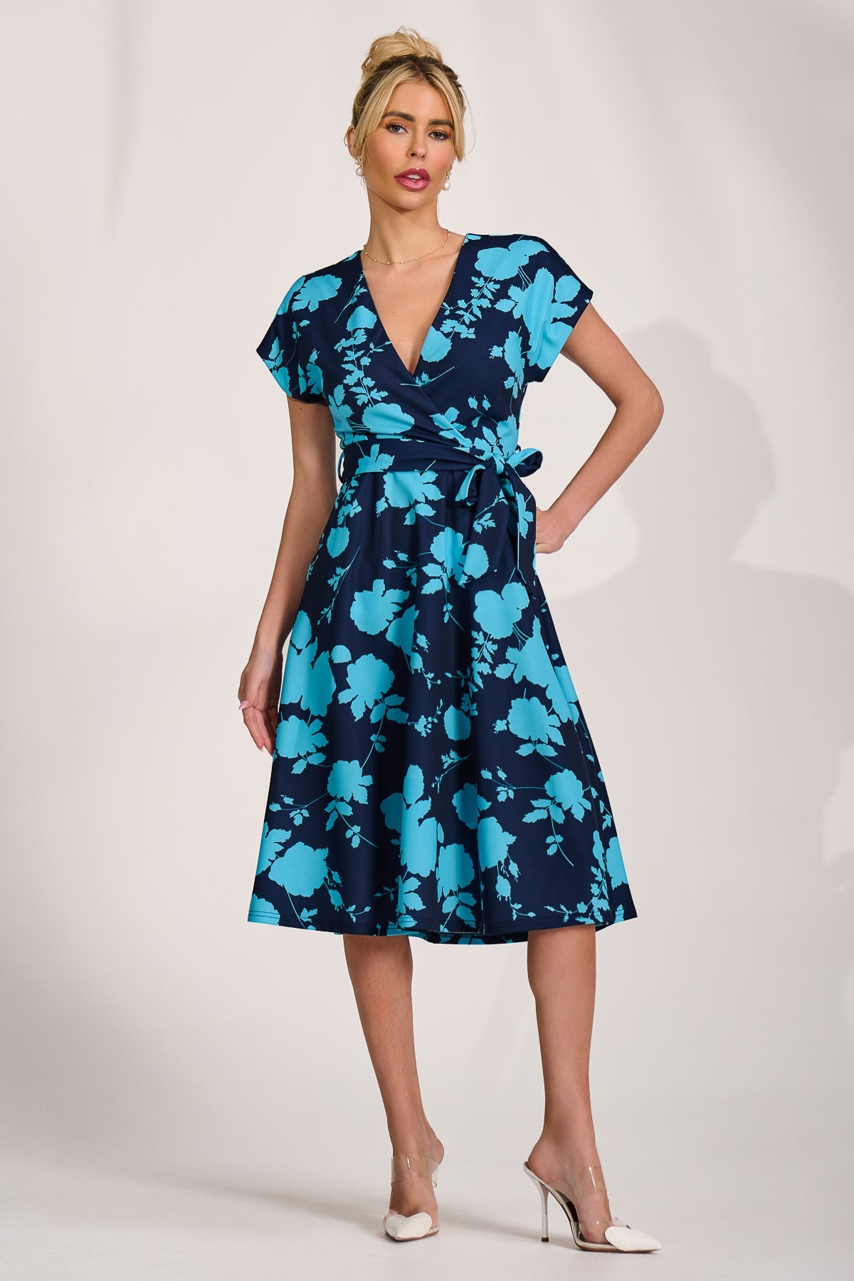 V Neck Print Scuba Midi Dress BLUE FLORAL Side View