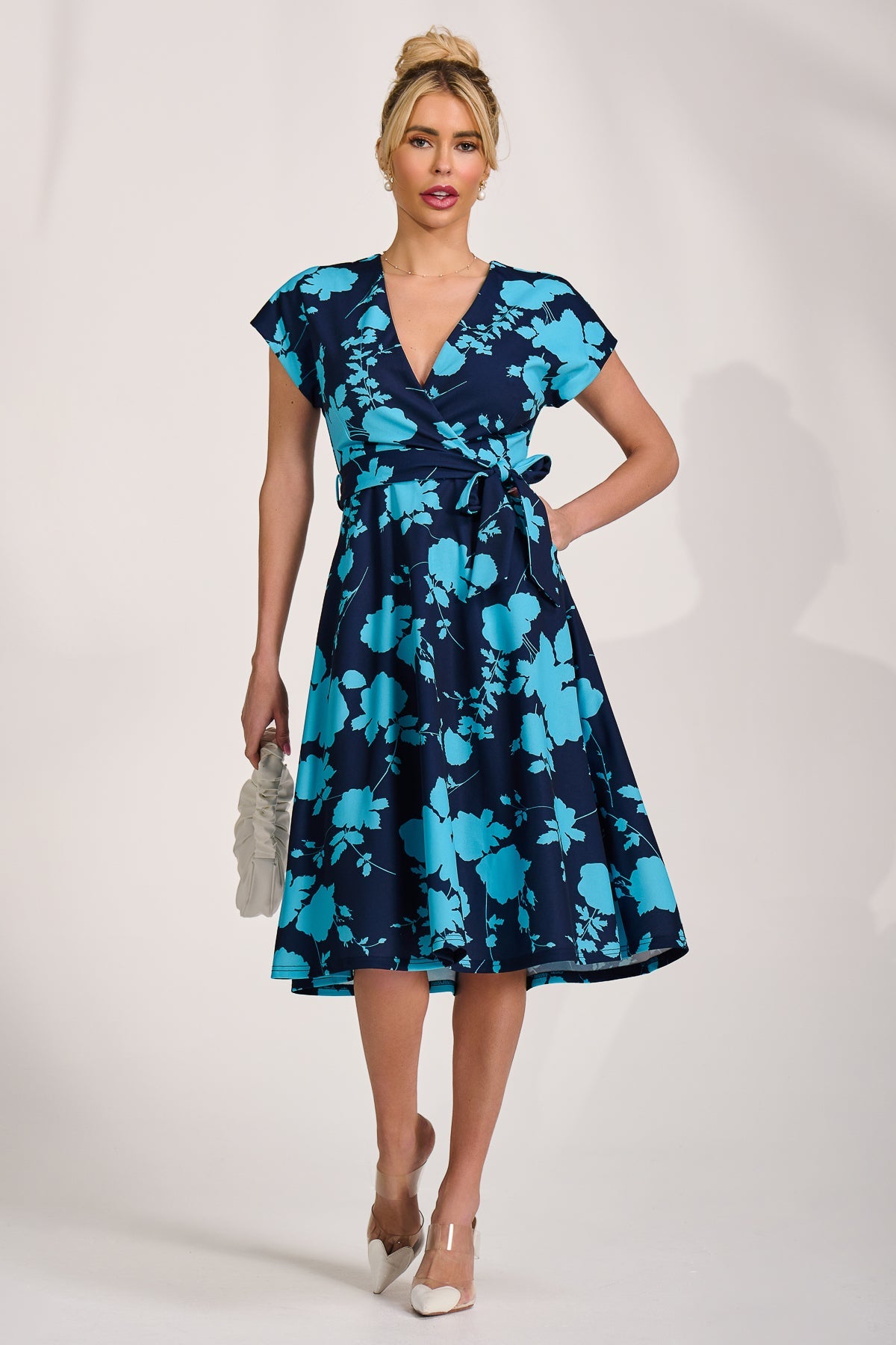 V Neck Print Scuba Midi Dress BLUE FLORAL Detail View