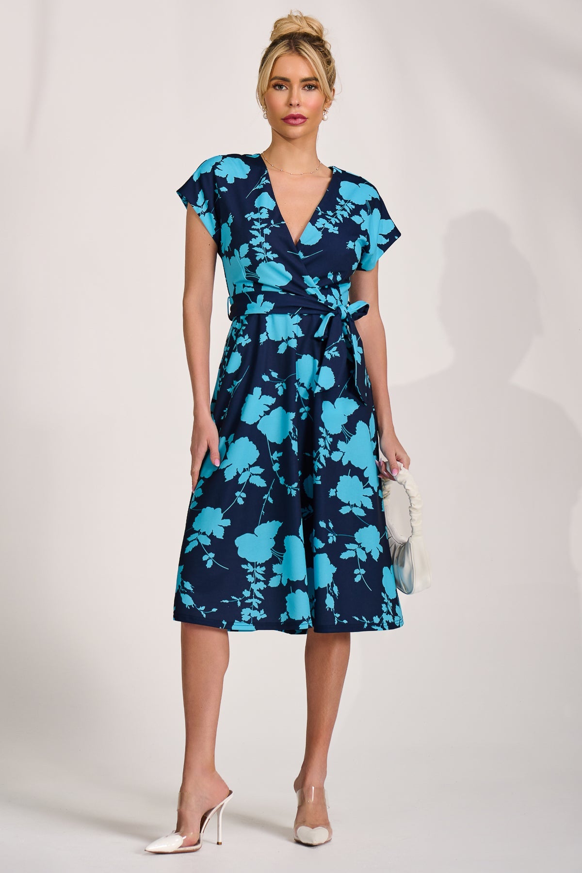 V Neck Print Scuba Midi Dress BLUE FLORAL Full Length View