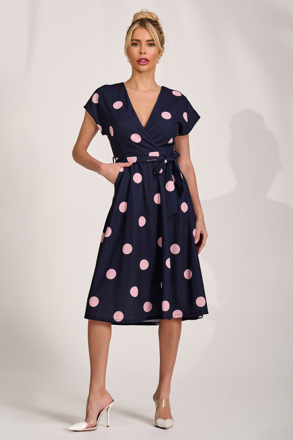 V Neck Print Scuba Midi Dress Navy Spot Full Length View