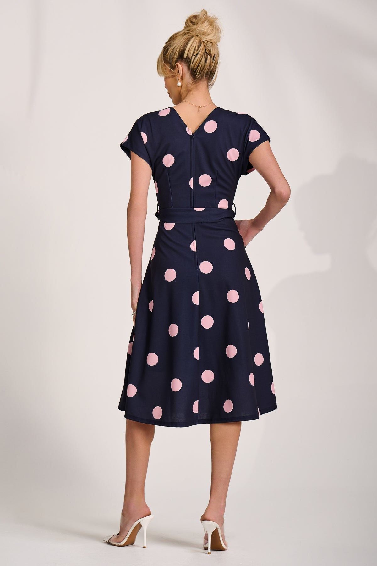 V Neck Print Scuba Midi Dress Navy Spot Side View