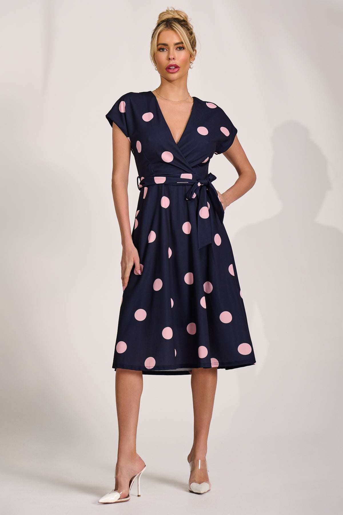 V Neck Print Scuba Midi Dress Navy Spot Front View 2
