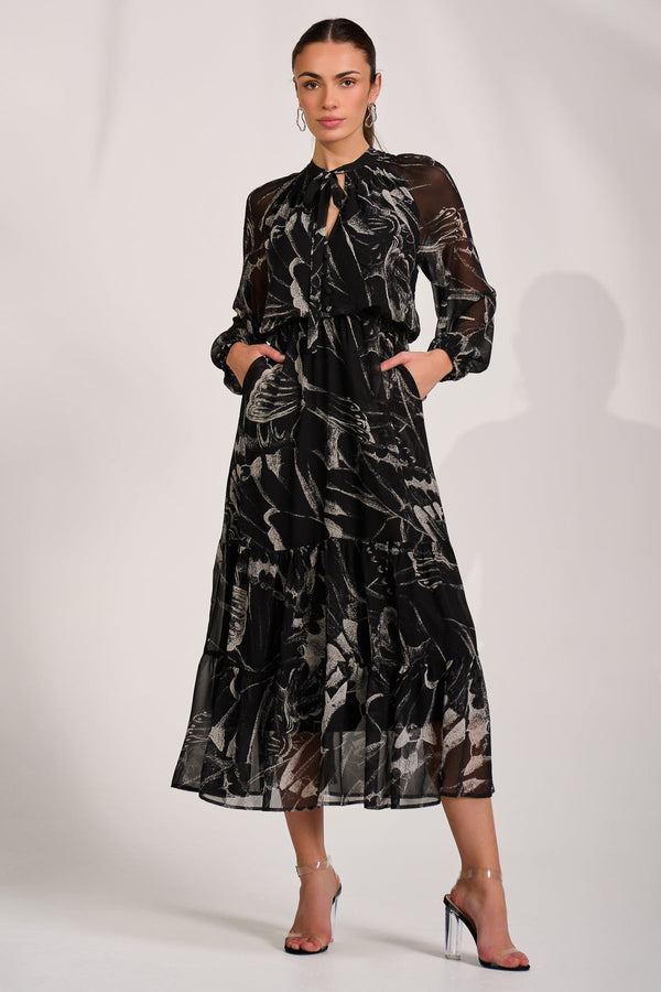 Chiffon Long Sleeve Tiered Maxi Dress BLACK PATTERN Front View