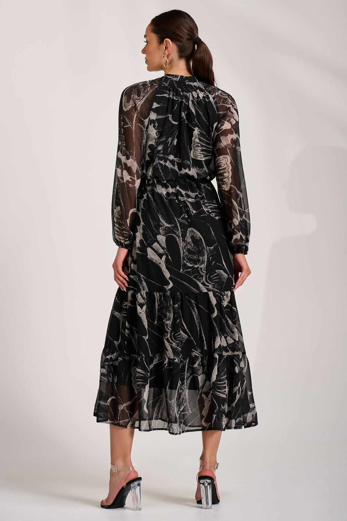 Chiffon Long Sleeve Tiered Maxi Dress BLACK PATTERN Back View
