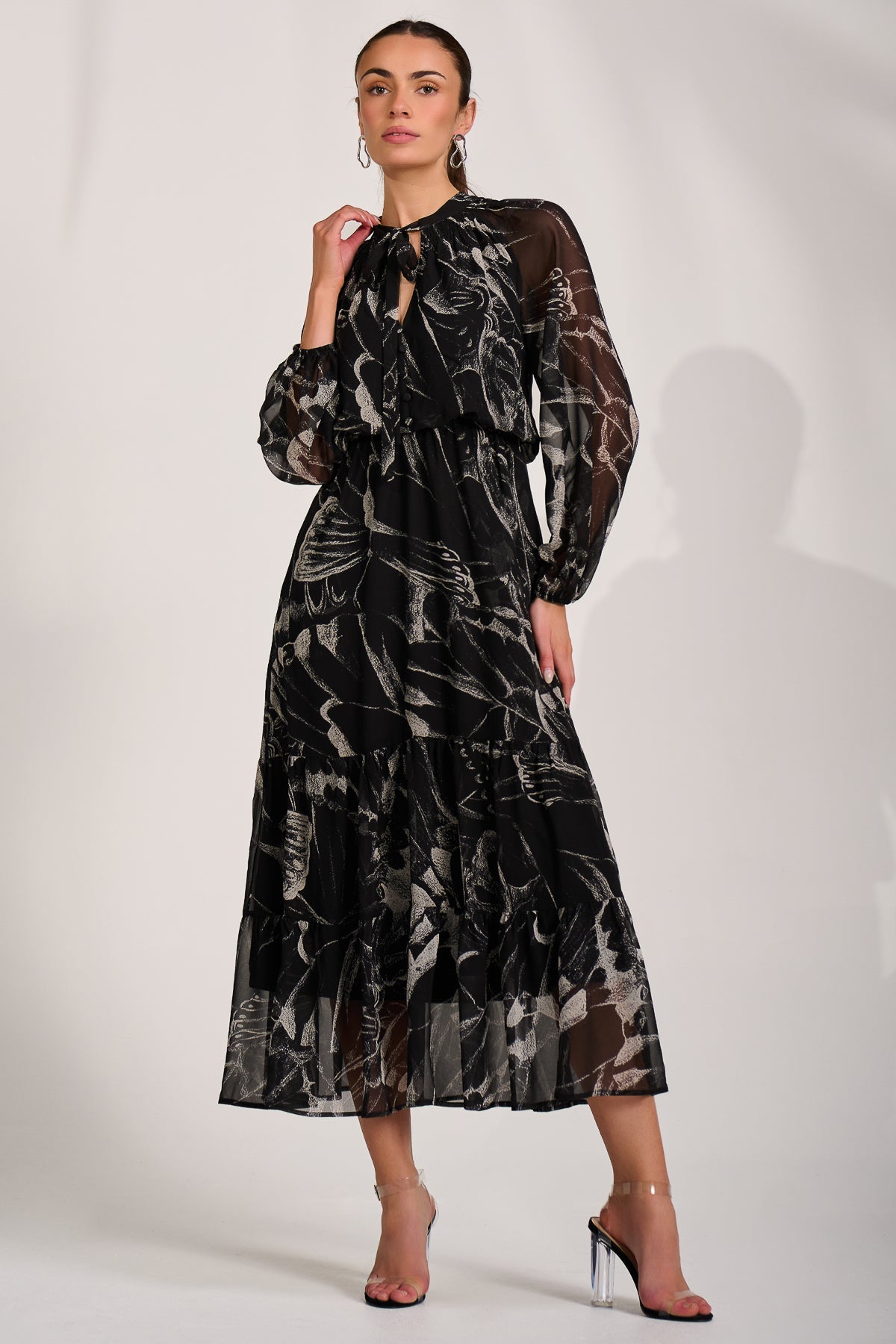 Chiffon Long Sleeve Tiered Maxi Dress BLACK PATTERN Styled View
