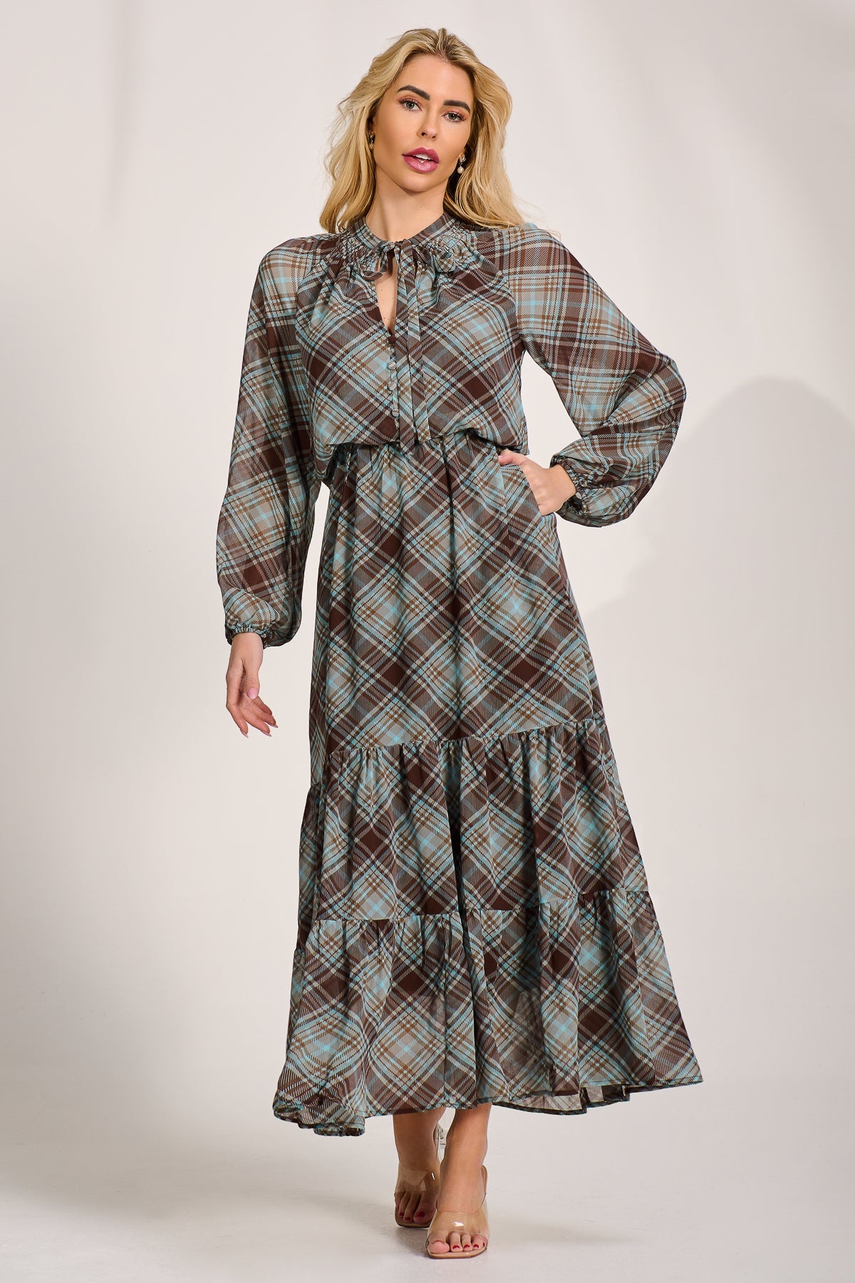 Chiffon Long Sleeve Tiered Maxi Dress Detail View