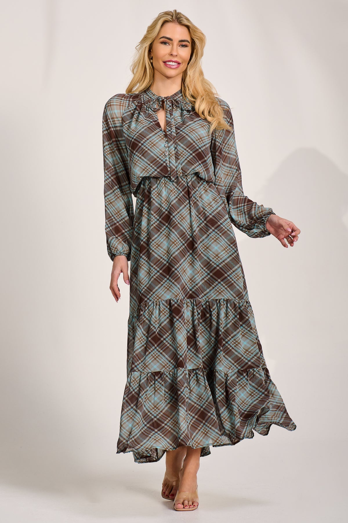 Chiffon Long Sleeve Tiered Maxi Dress Styled View