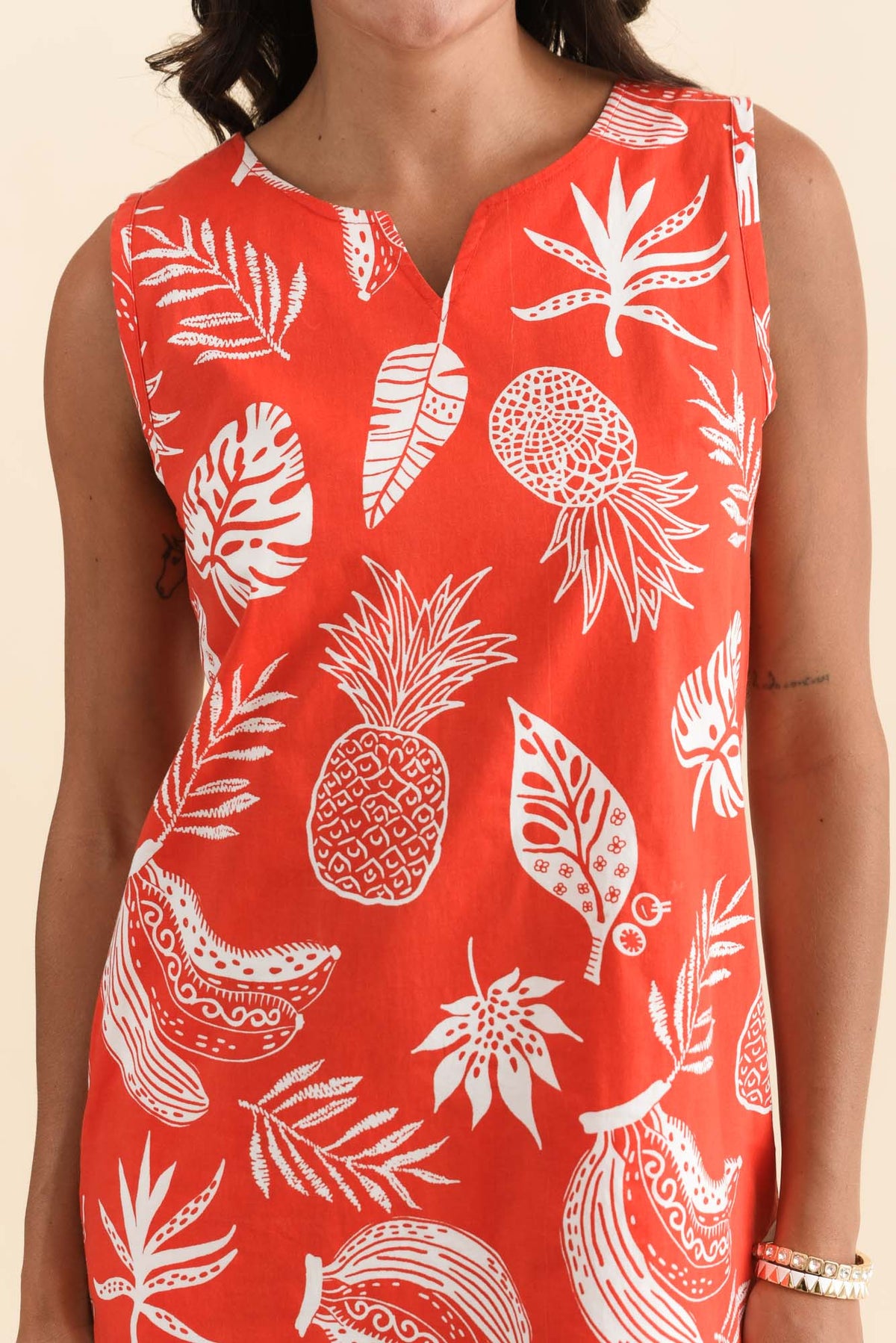 Odell Red Tropical Cotton Pocket Dress Detail View