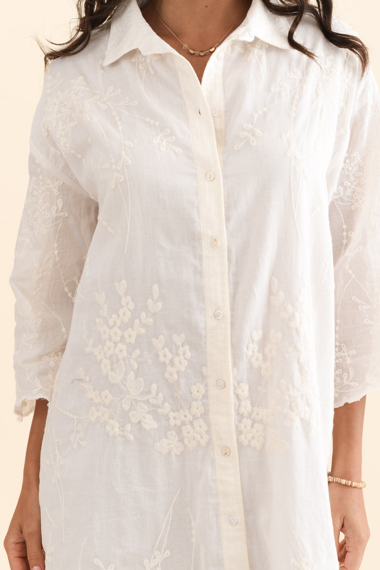 Offredo White Cotton Embroidered Shirt Dress Front View