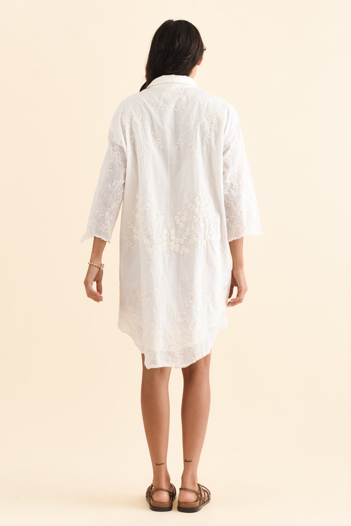 Offredo White Cotton Embroidered Shirt Dress Detail View