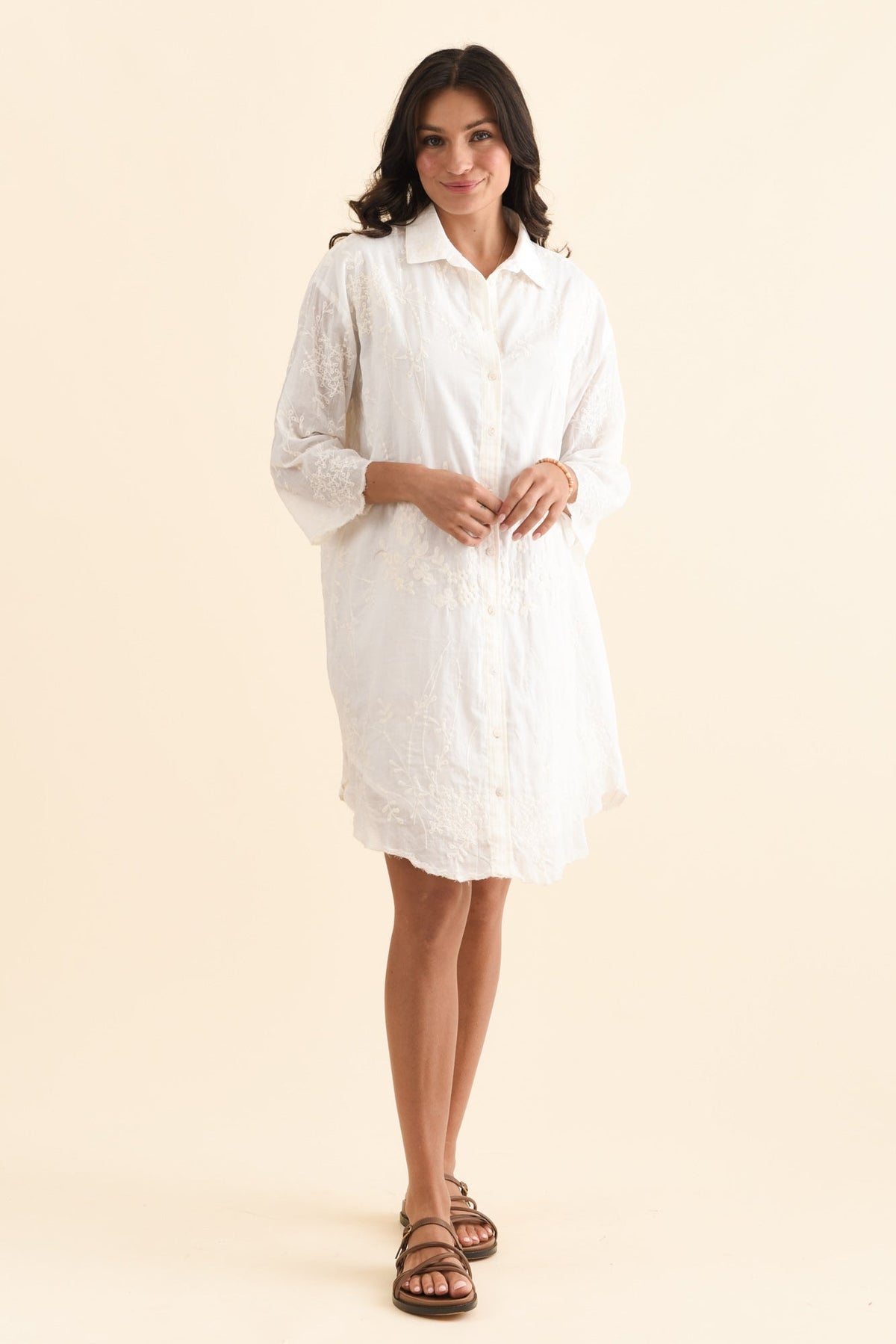 Offredo White Cotton Embroidered Shirt Dress Full Length View