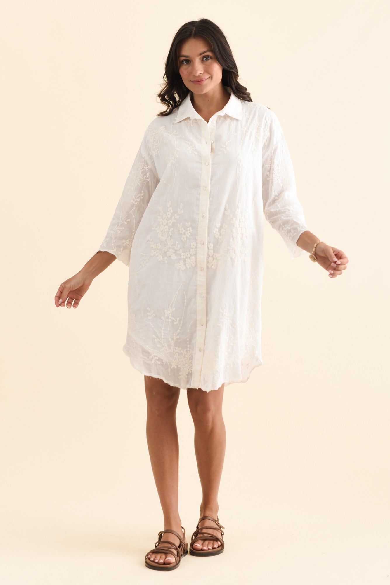 Offredo White Cotton Embroidered Shirt Dress Front View 2