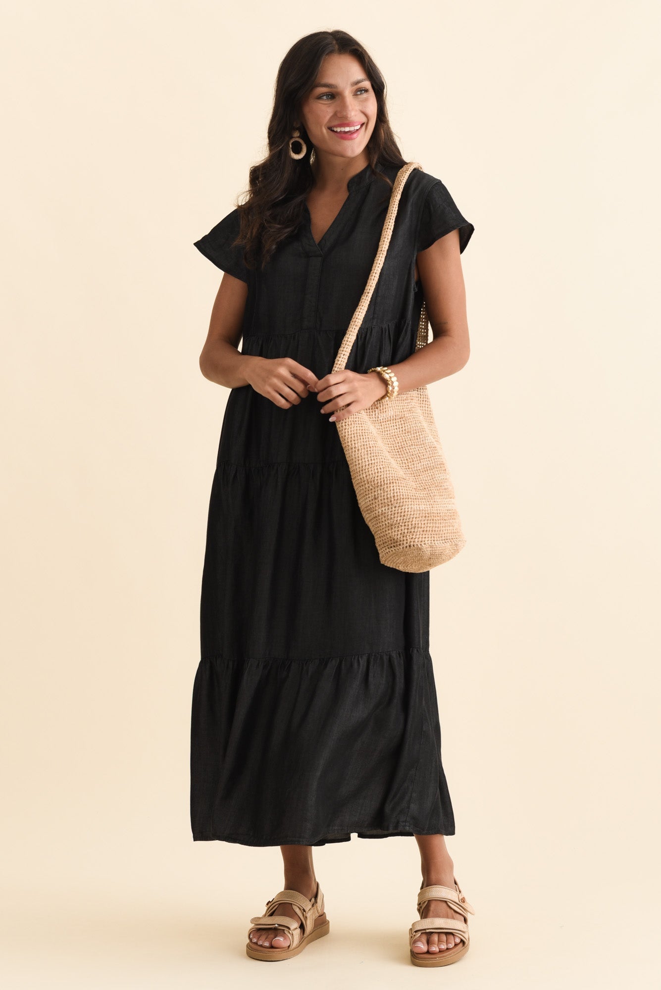 Oxford Blue Tencel Tier Dress Front View