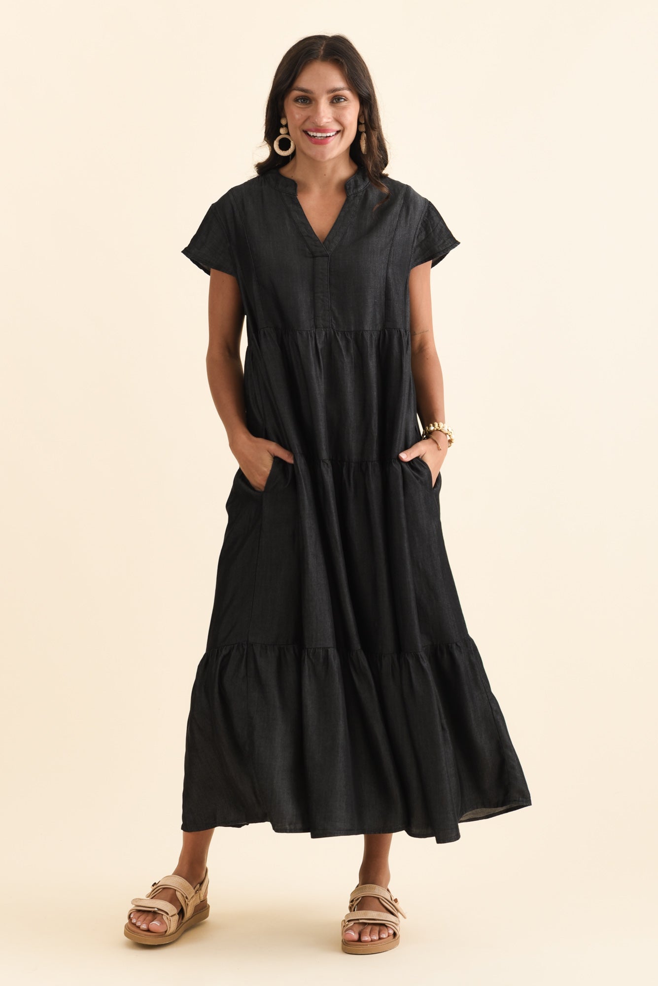 Oxford Blue Tencel Tier Dress Front View 2