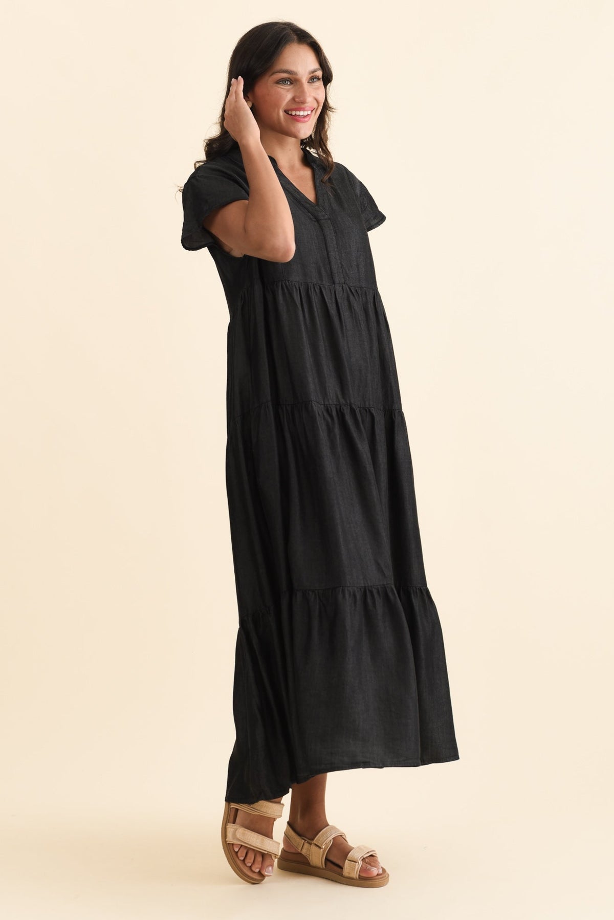 Oxford Blue Tencel Tier Dress Back View